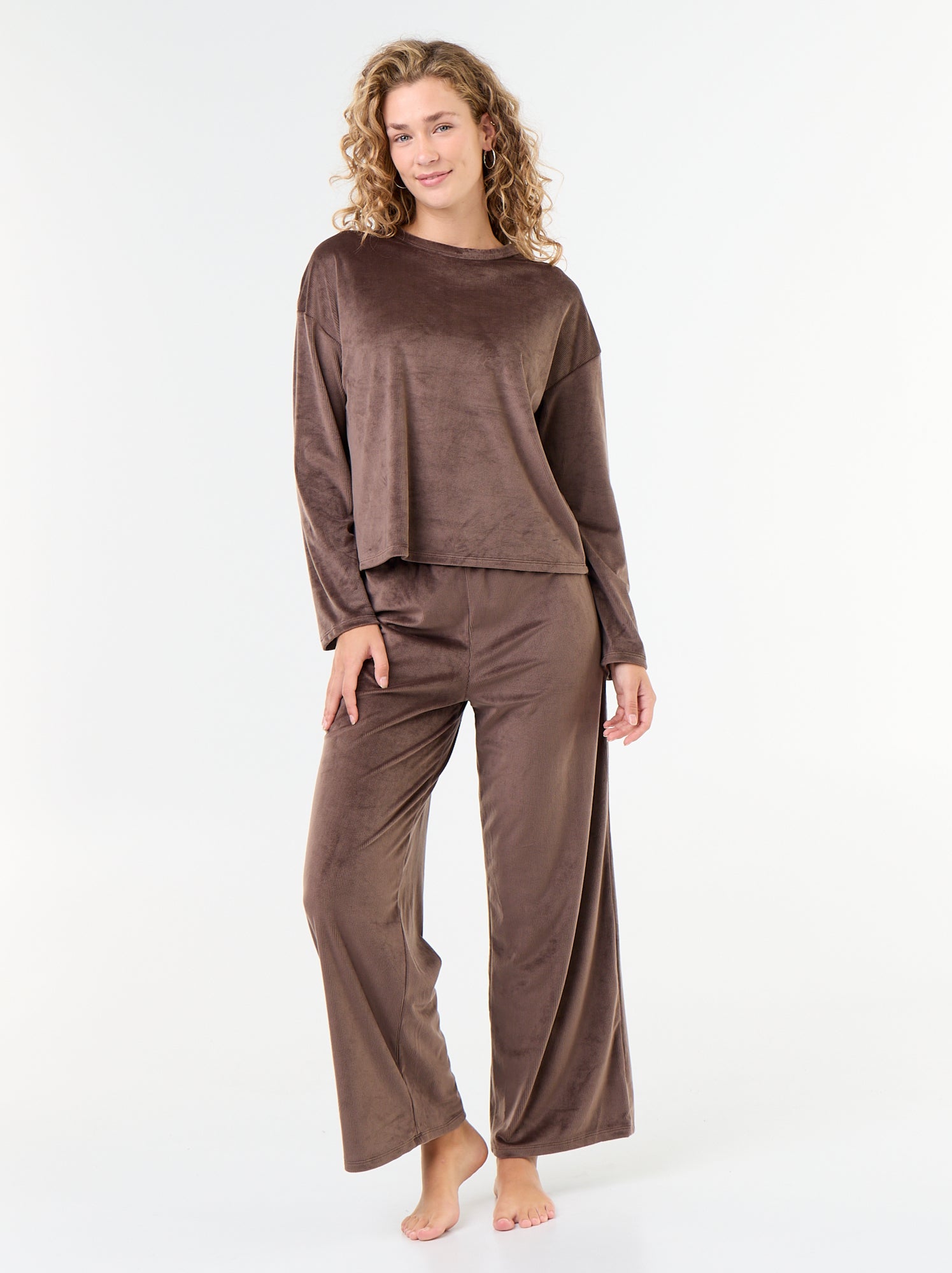 Pyjama long en velours côtelé - 2 pièces - Marron