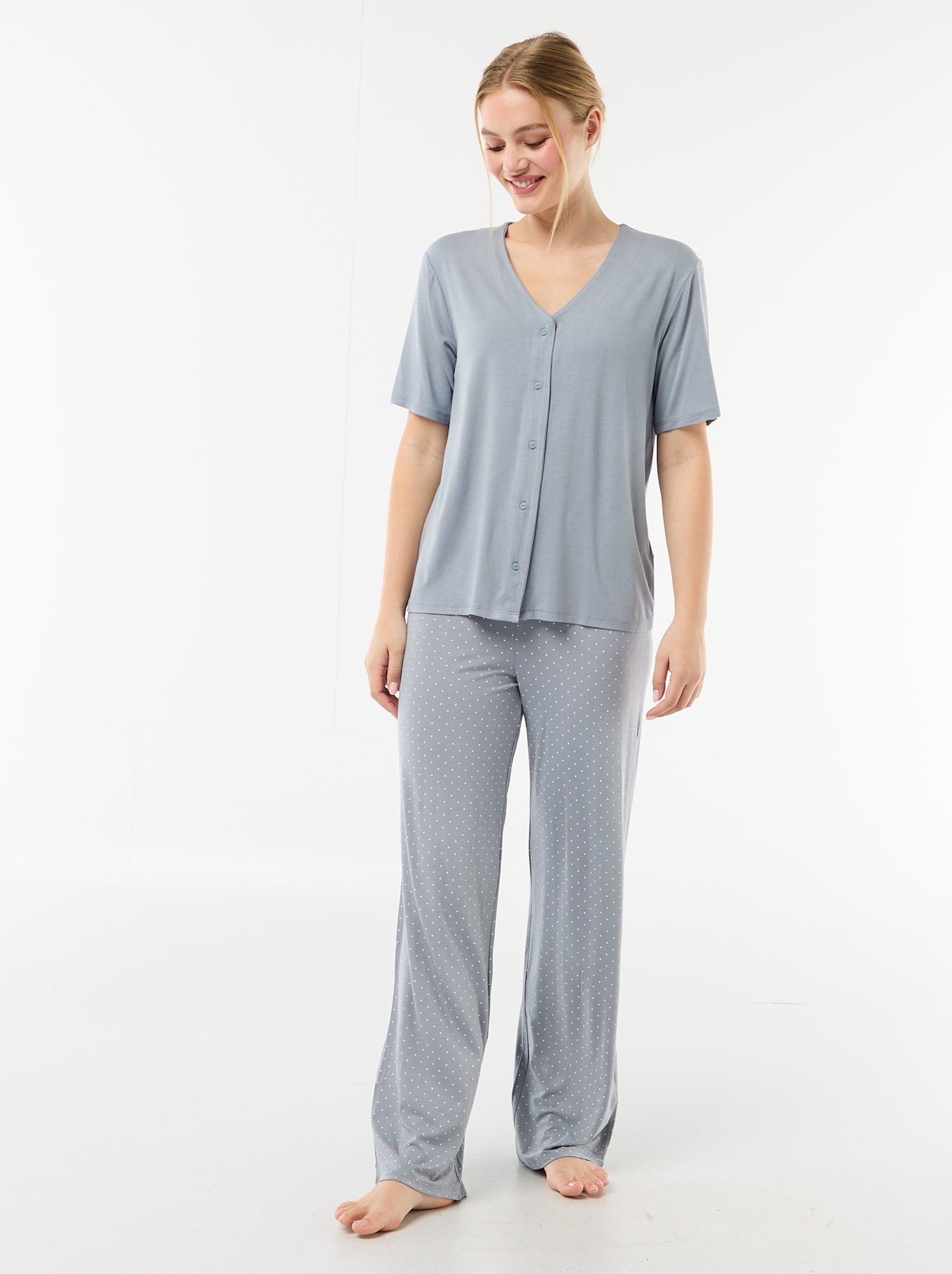 Pyjama long imprimé pois - 2 pièces - Bleu