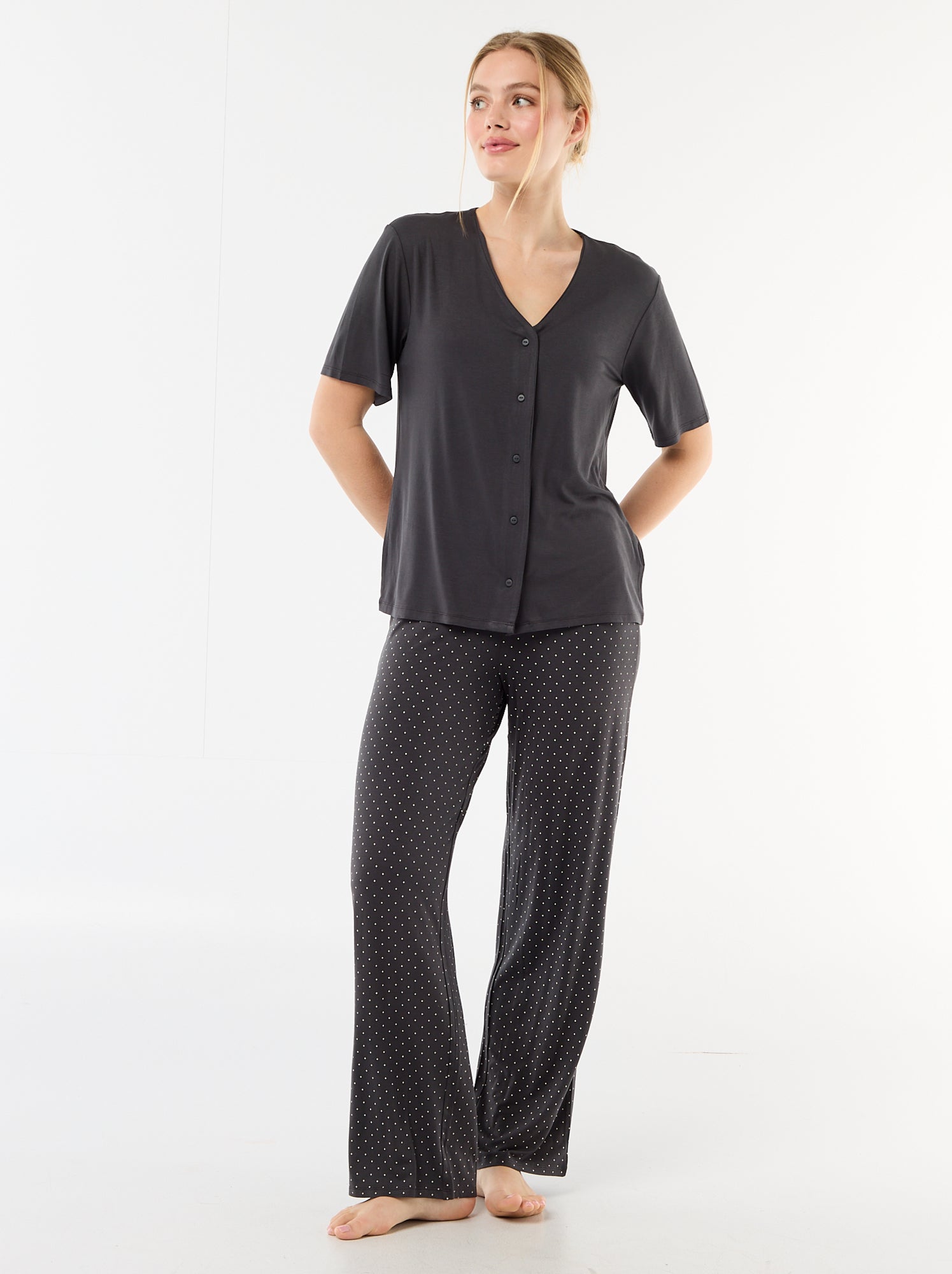 Pyjama long imprimé pois - 2 pièces - Noir