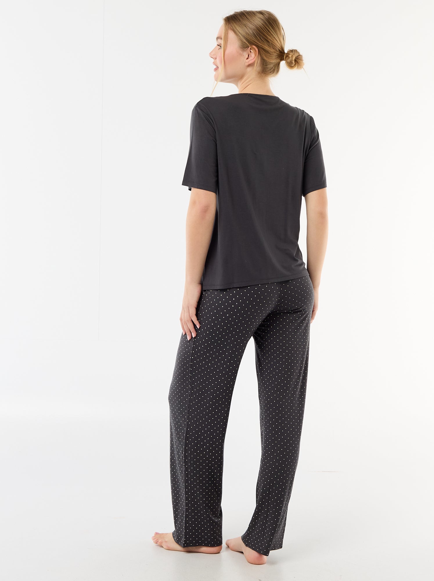 Pyjama long imprimé pois - 2 pièces - Noir
