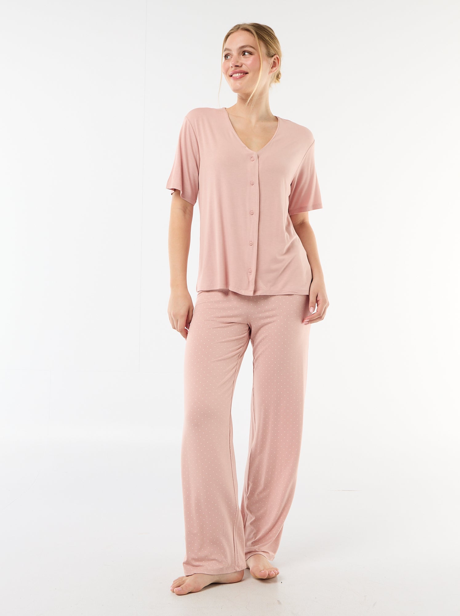 Pyjama long imprimé pois - 2 pièces - Rose
