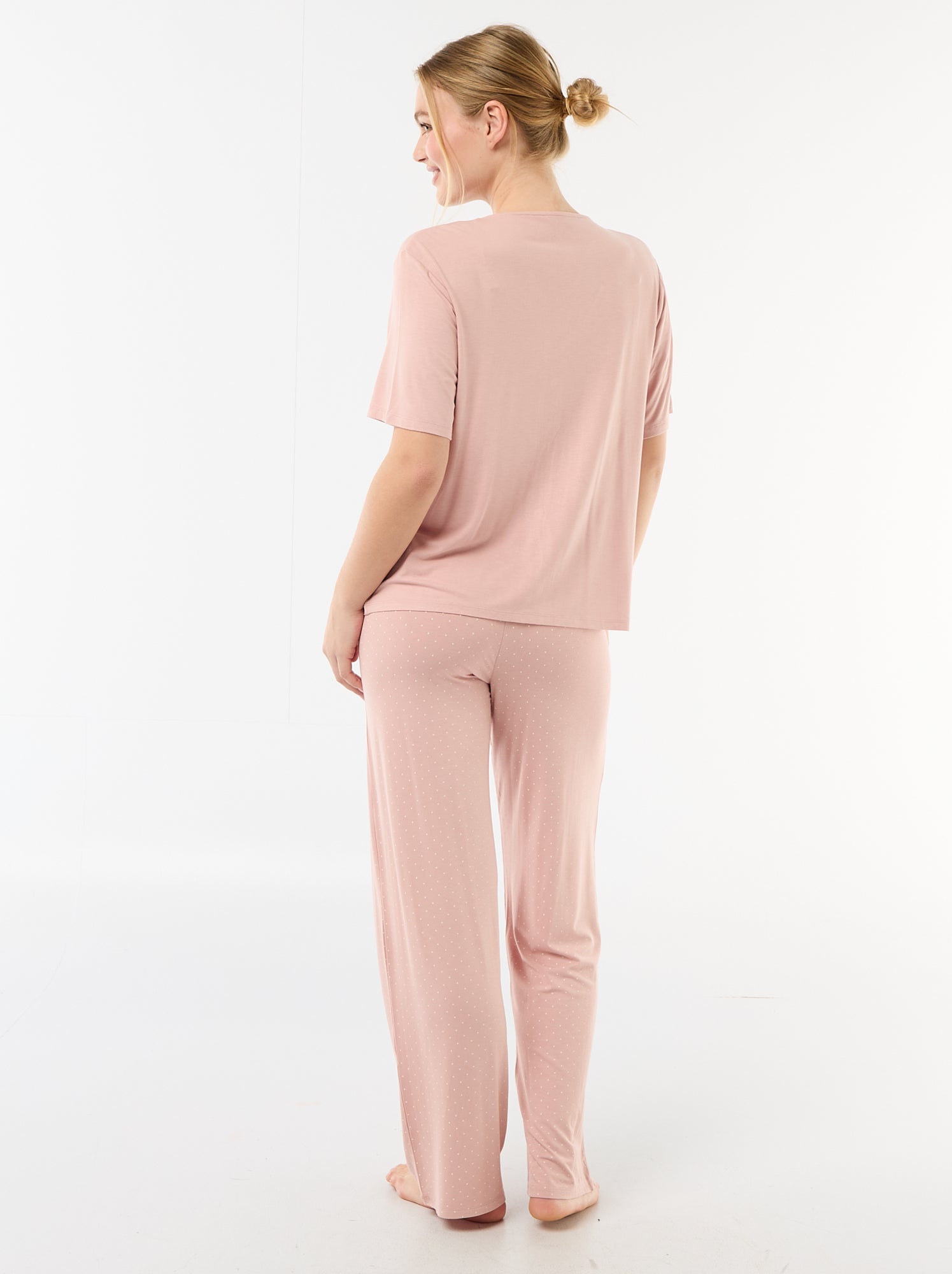 Pyjama long imprimé pois - 2 pièces - Rose