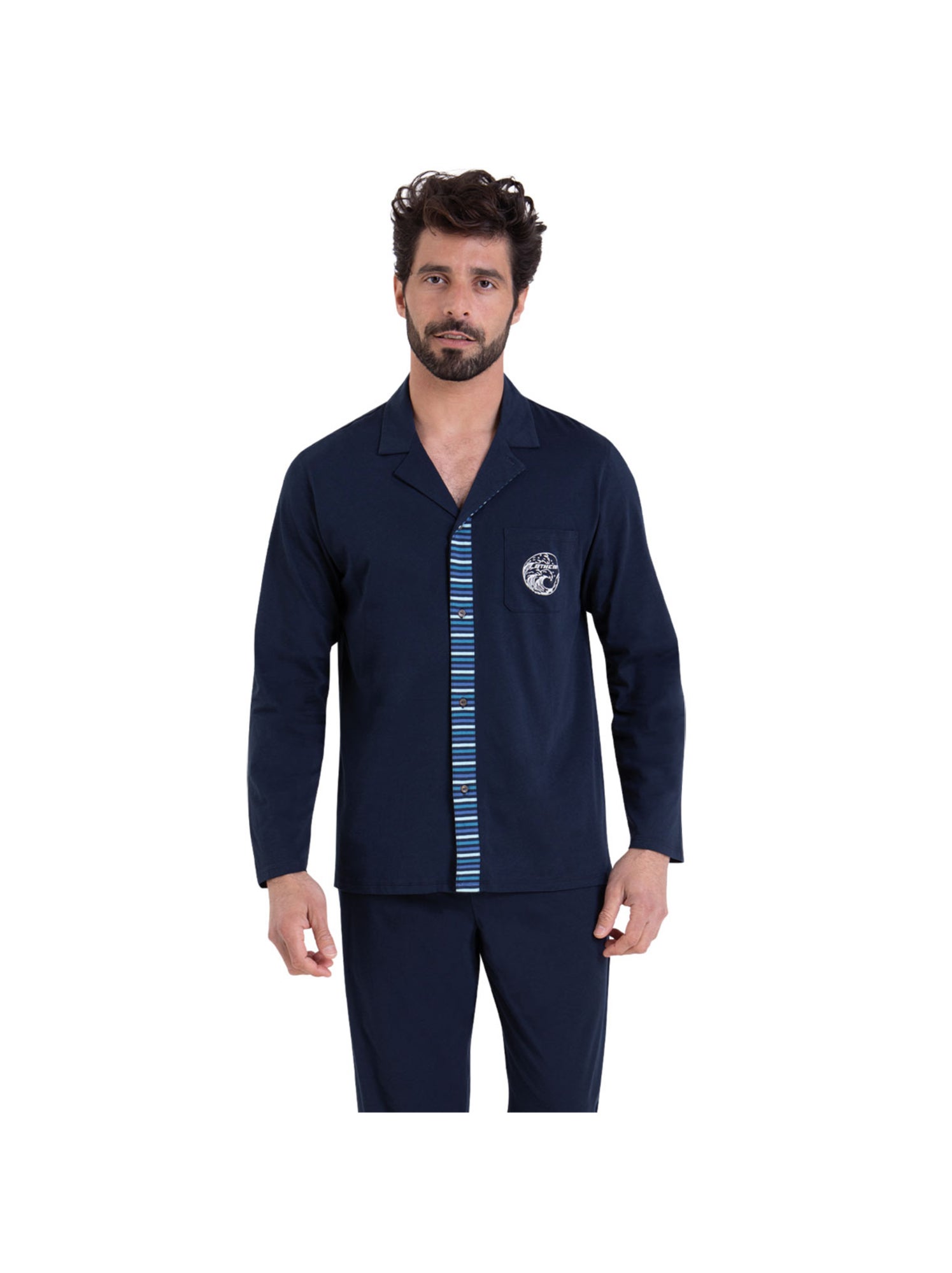 Pyjama long ouvert homme rayures waves athena - Bleu Bleu