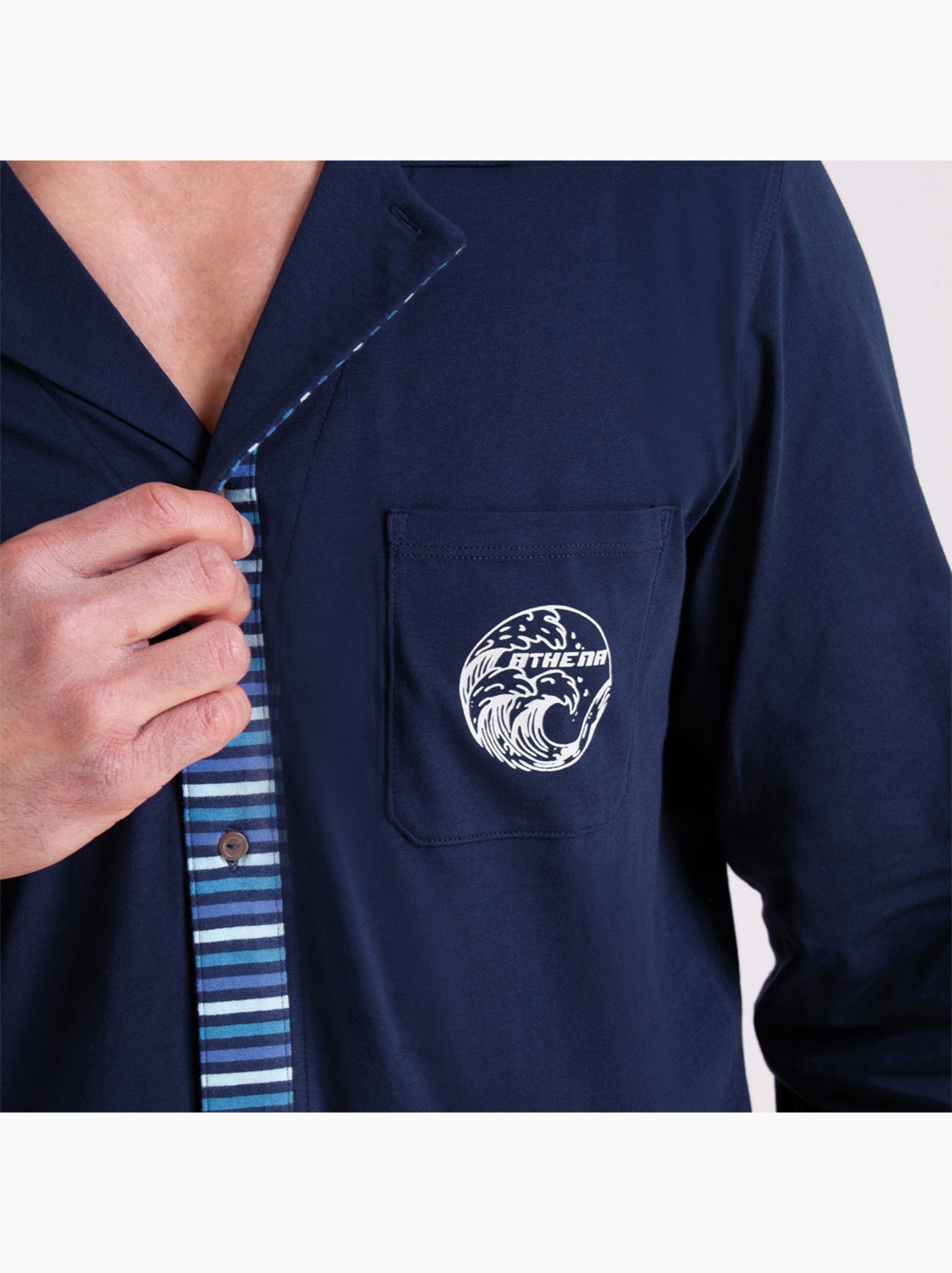 Pyjama long ouvert homme rayures waves athena - Bleu Bleu