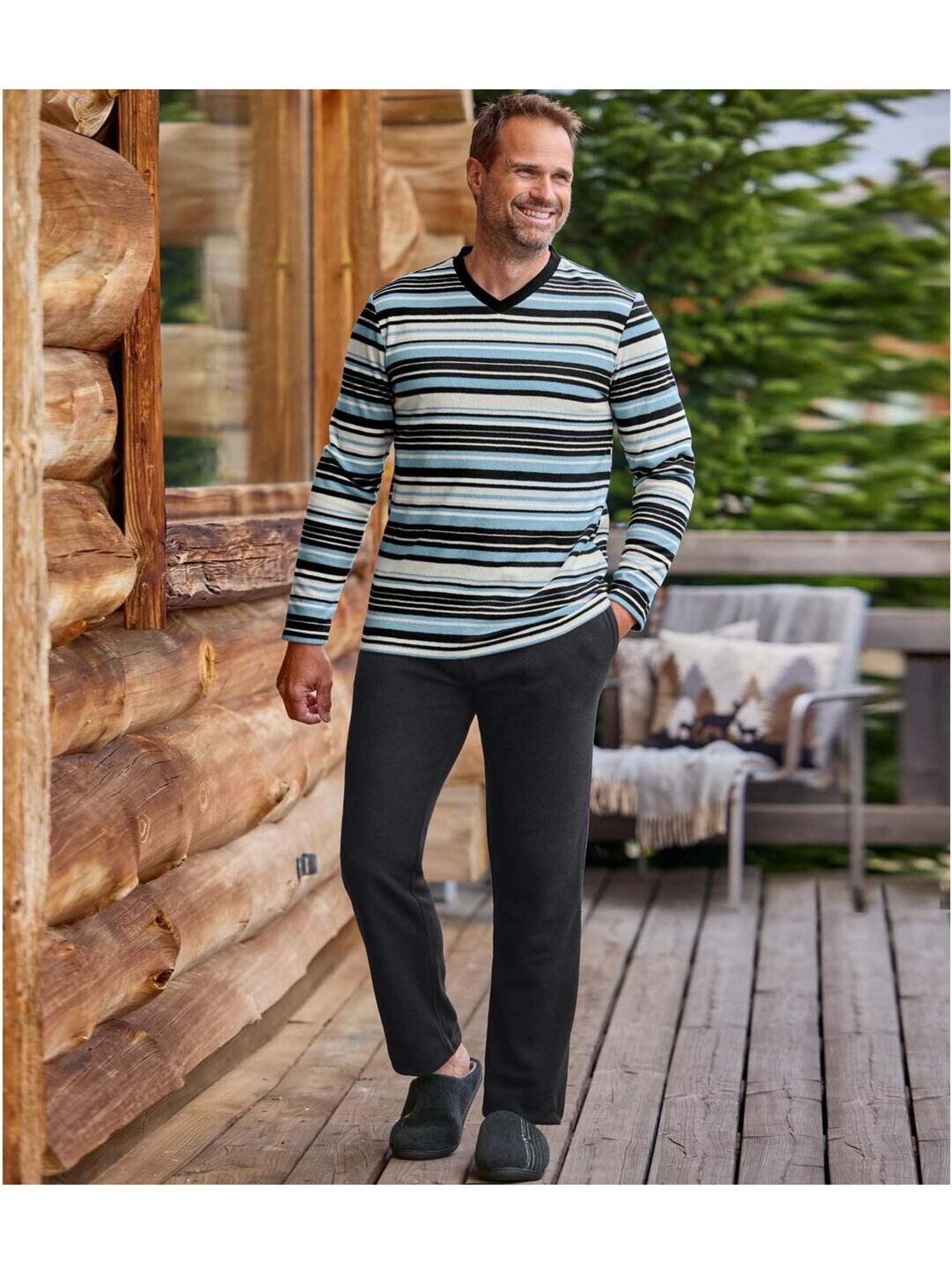 Pyjama Micropolaire Rayé   - ATLAS FOR MEN - Bleu anthracite