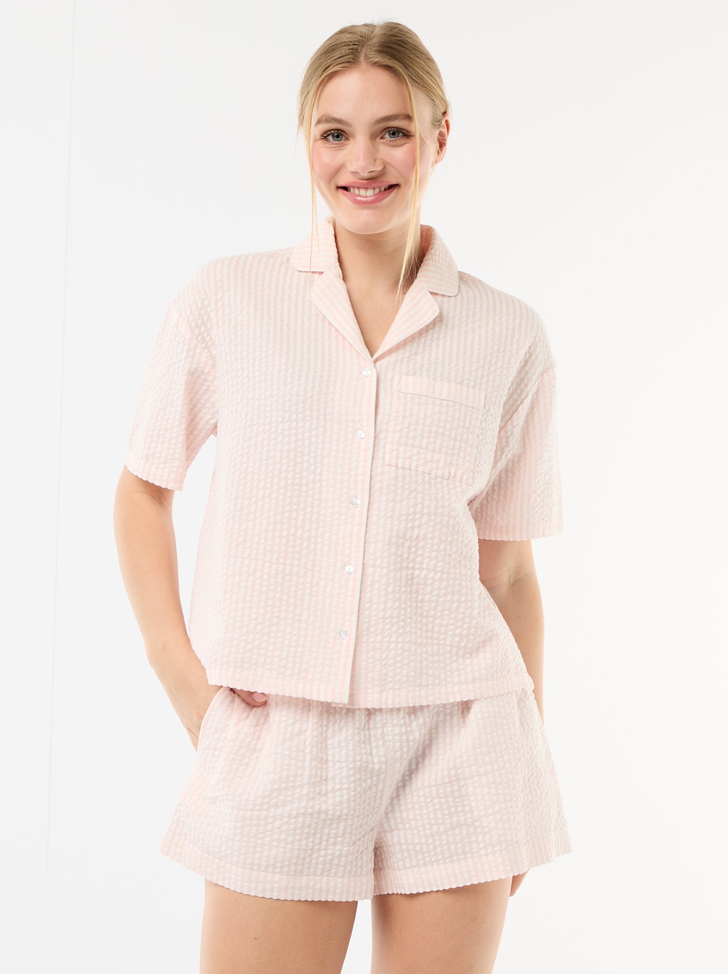 Pyjama short rayé - 2 pièces - Rose