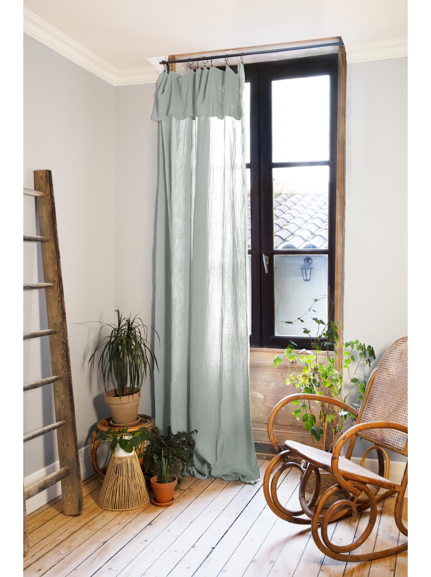 Rideau ajustable + 8 anneaux pince – gaze de coton – gaïa - Vert eucalyptus