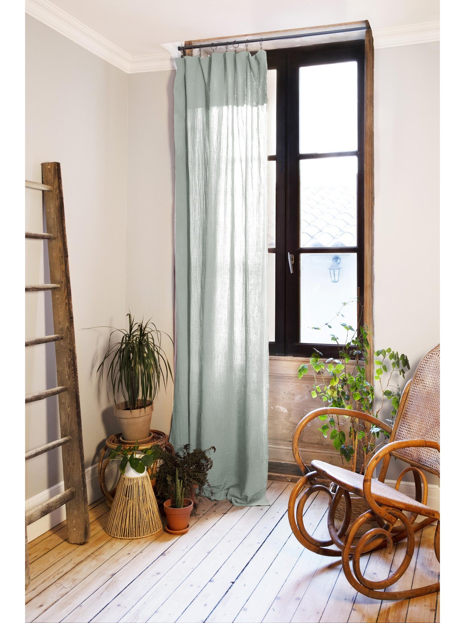 Rideau ajustable + 8 anneaux pince – gaze de coton – gaïa - Vert eucalyptus