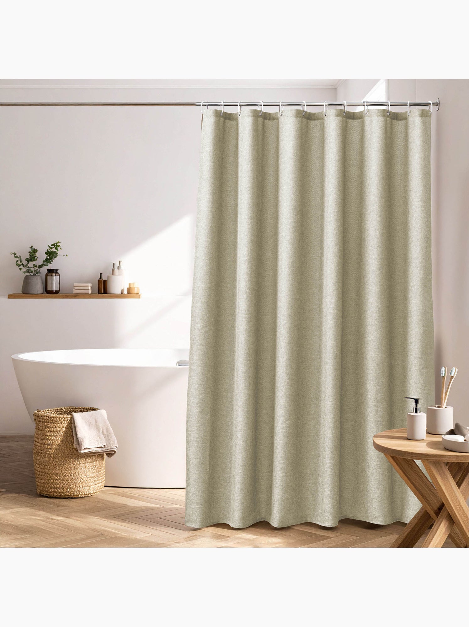 Rideau de douche uni aspect chambray avec crochets - Beige