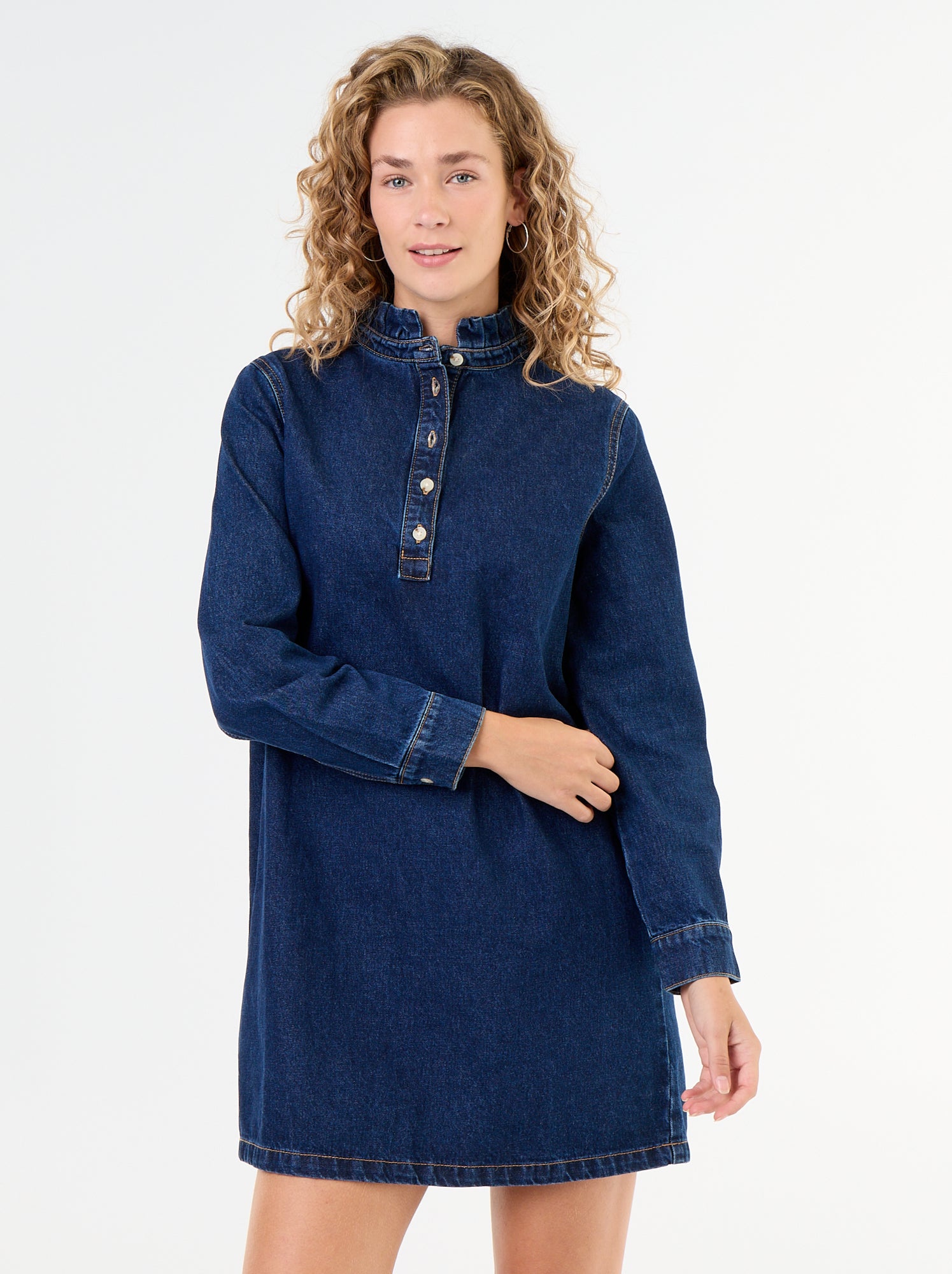 Robe à col frill en denim - Bleu (GKA92_4)