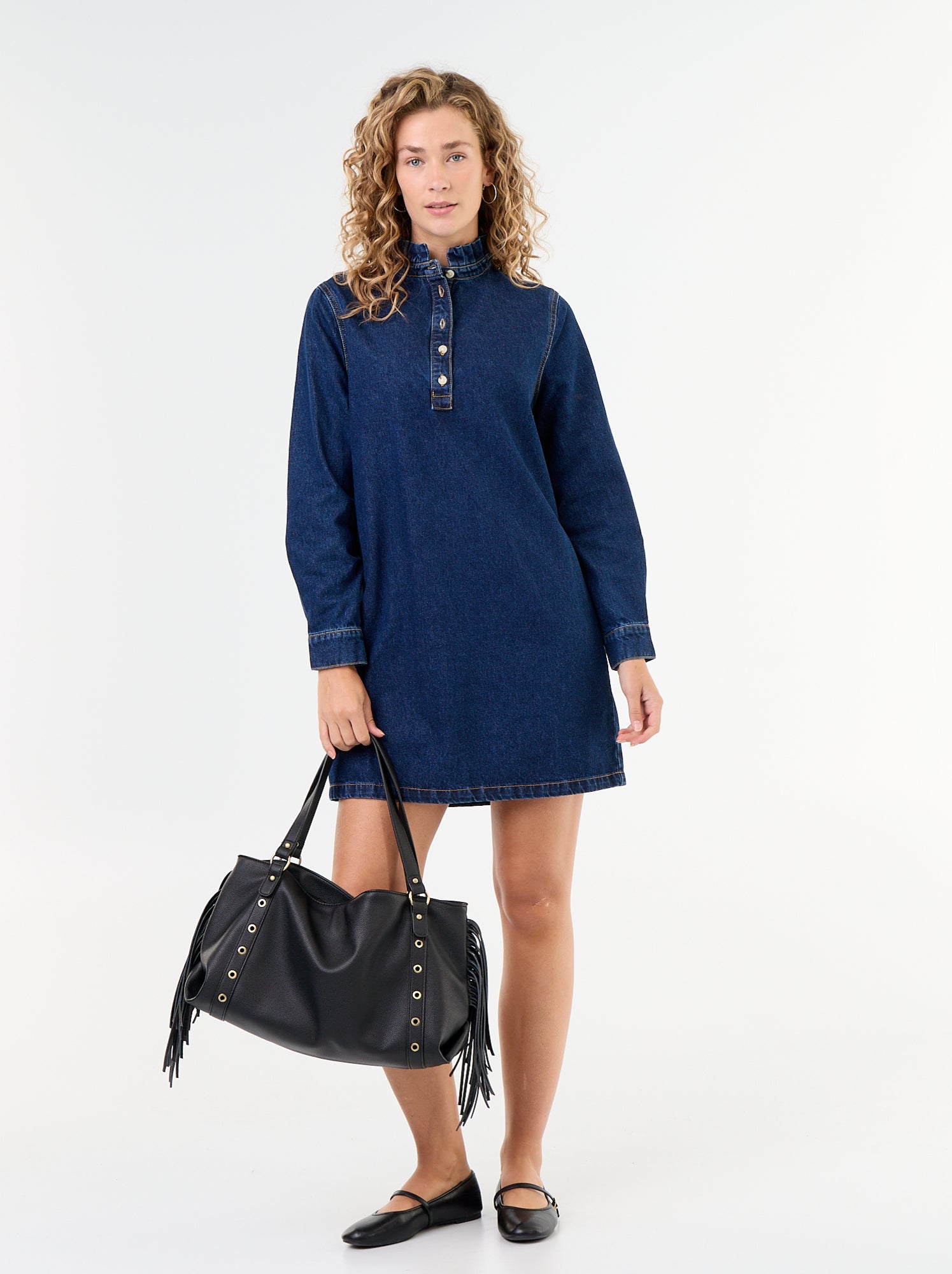 Robe à col frill en denim - Bleu (GKA92_4)