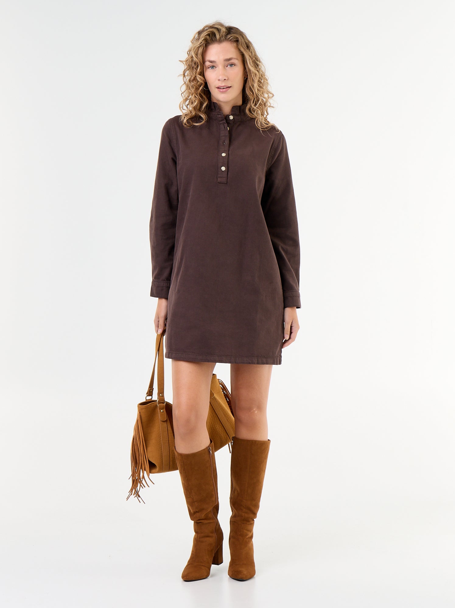 Robe à col frill en denim - Marron