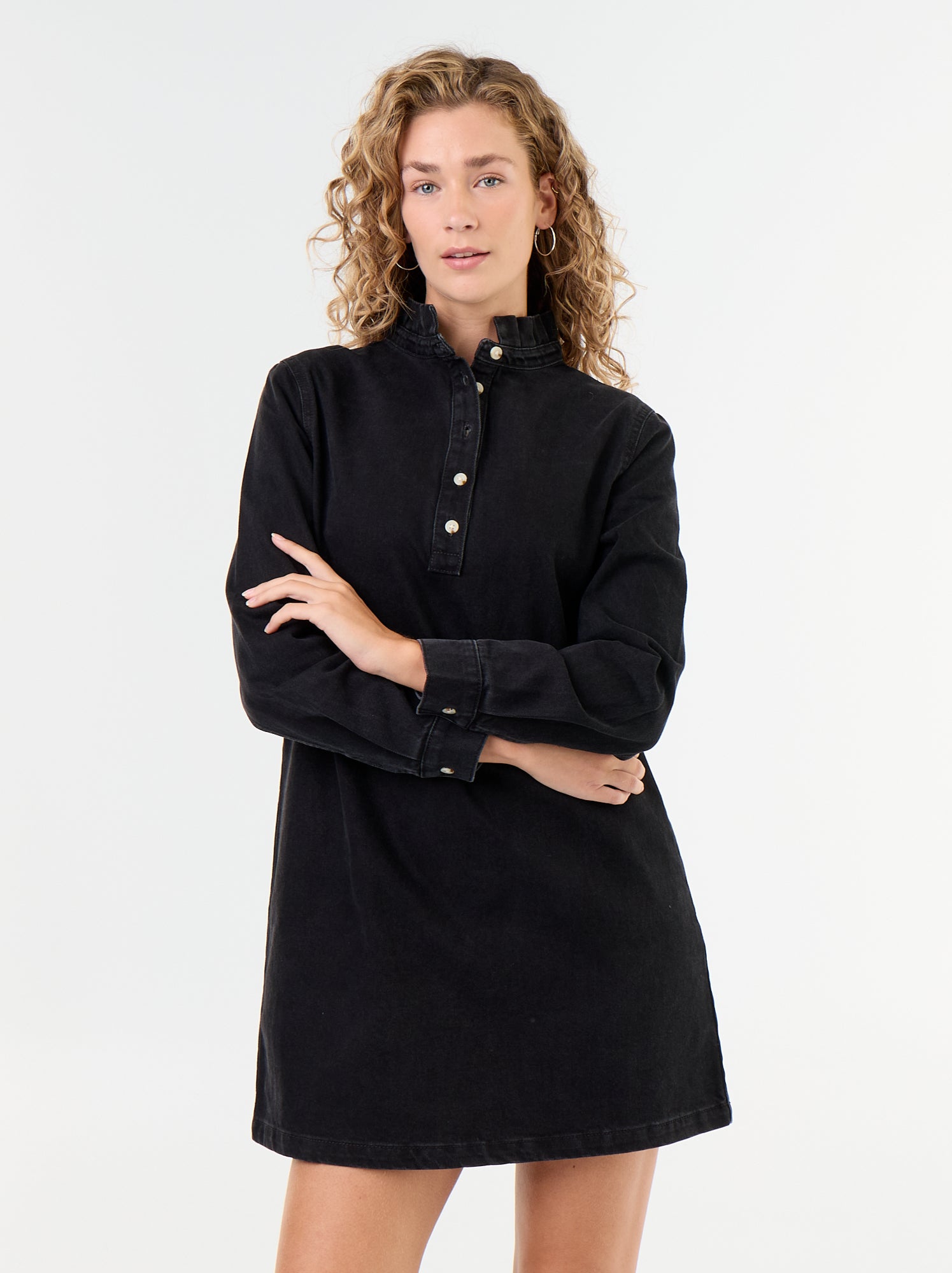 Robe à col frill en denim - Noir