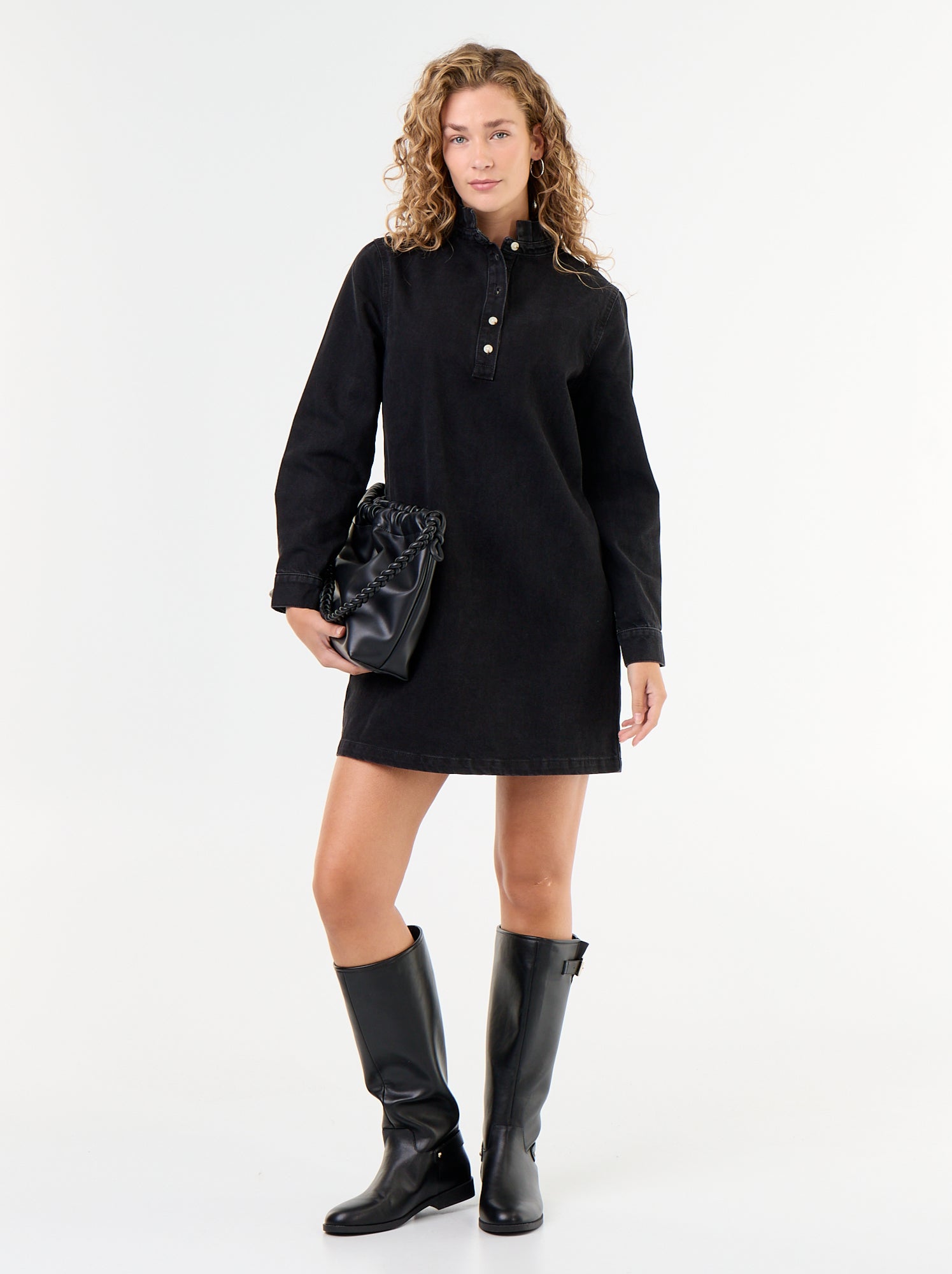 Robe à col frill en denim - Noir