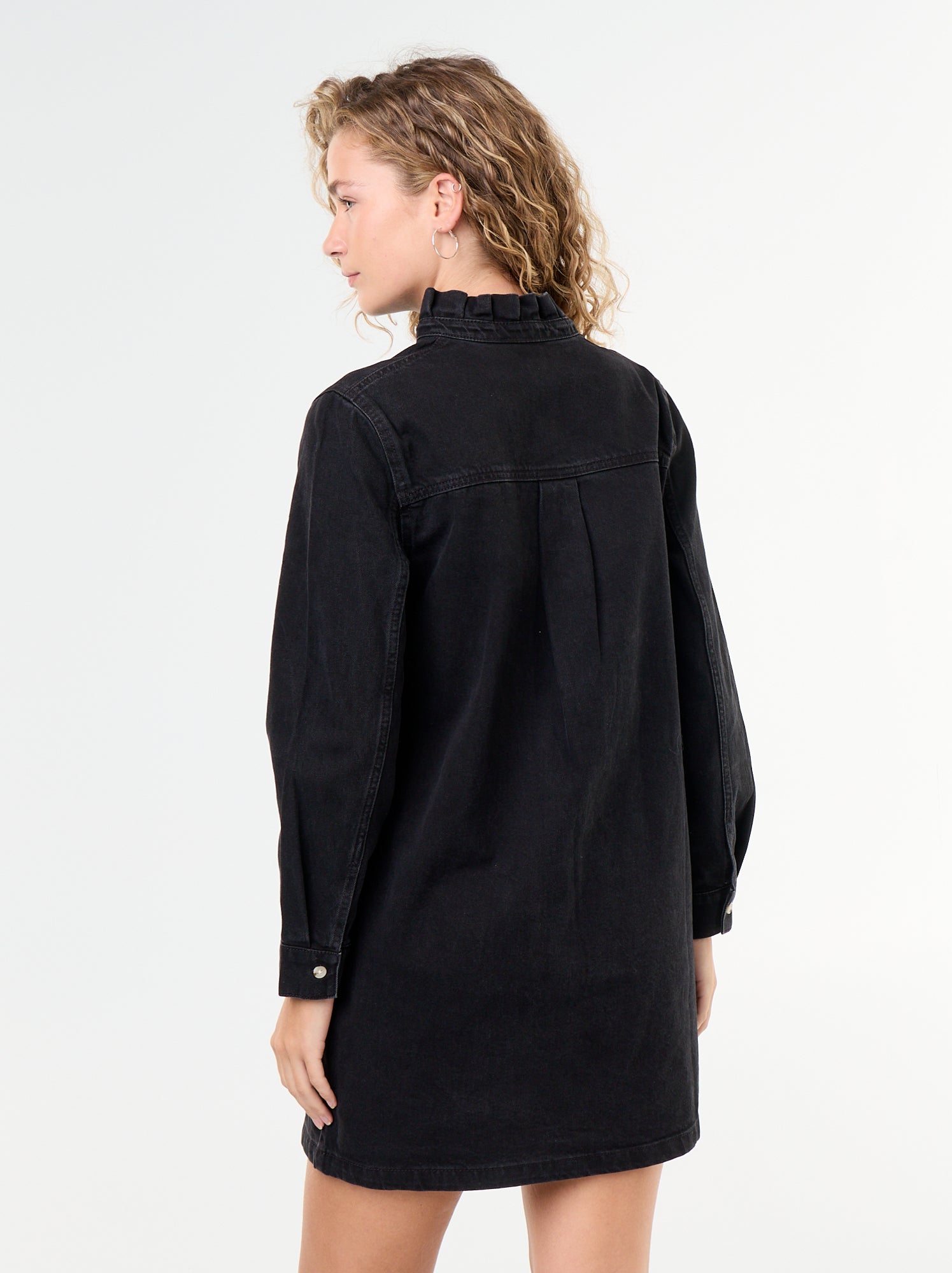 Robe à col frill en denim - Noir