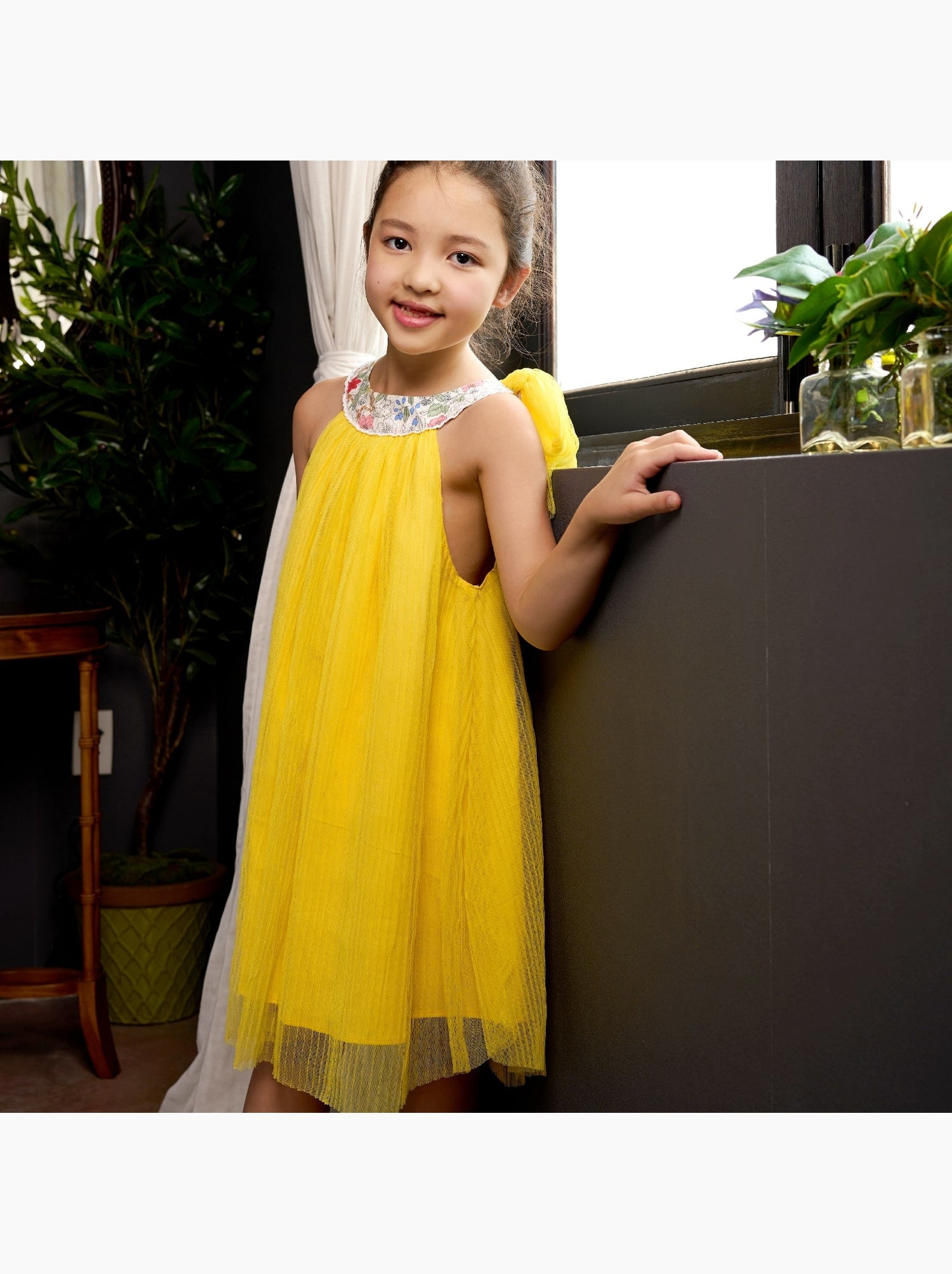 Robe Cérémonie   à Col Fleuri Liberty  ALIZEE - La Faute à Voltaire - Blanc/Jaune/Rose