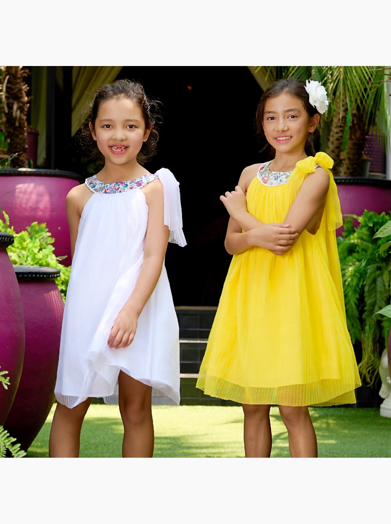 Robe Cérémonie   à Col Fleuri Liberty  ALIZEE - La Faute à Voltaire - Blanc/Jaune/Rose