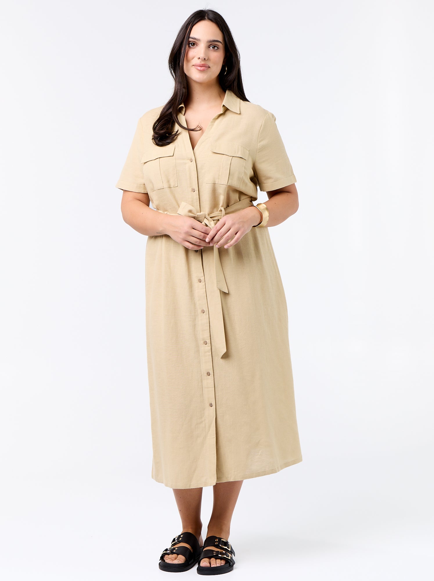 Robe chemise longue avec ceinture à nouer - Beige