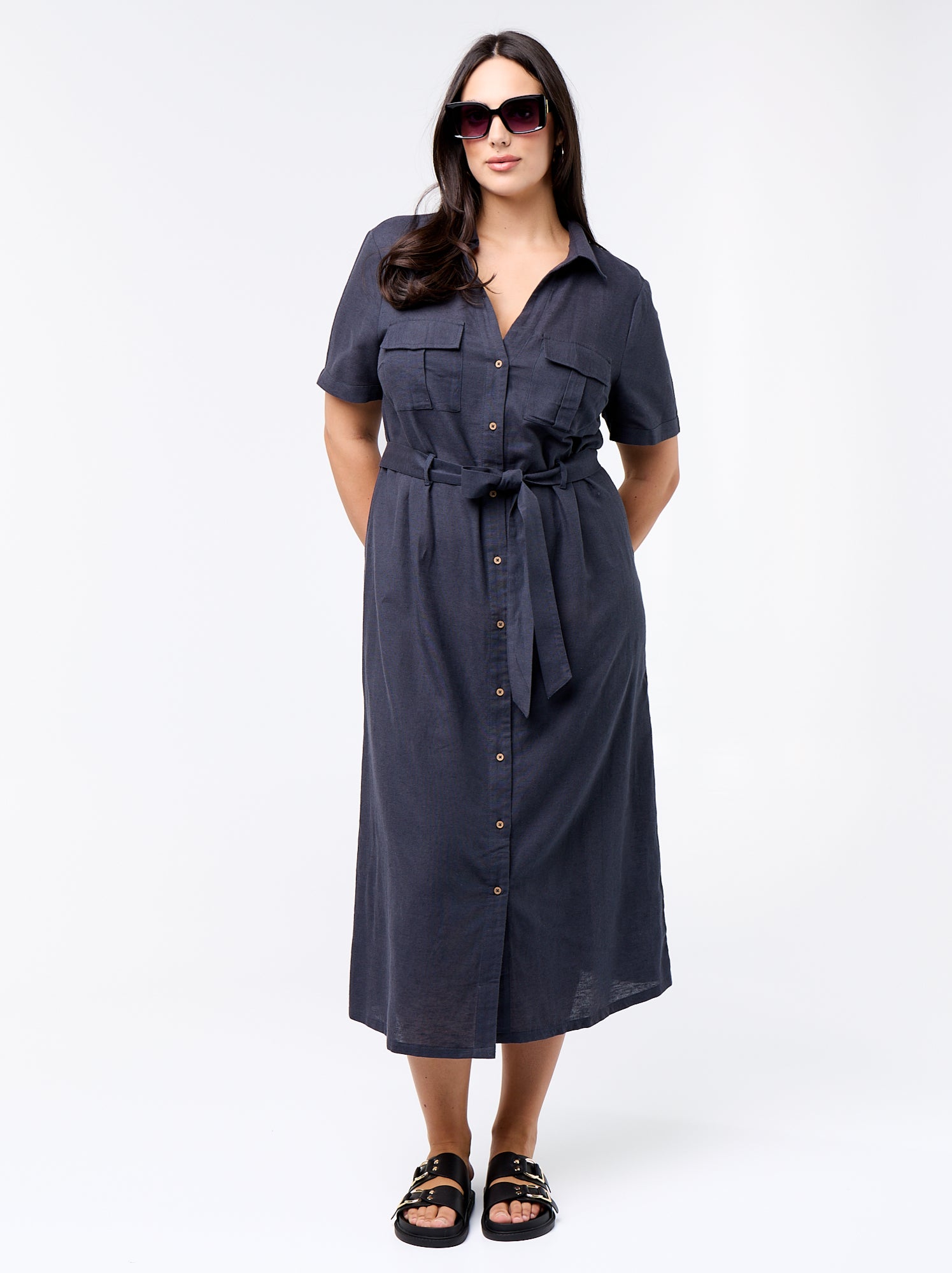 Robe chemise longue avec ceinture à nouer - Bleu