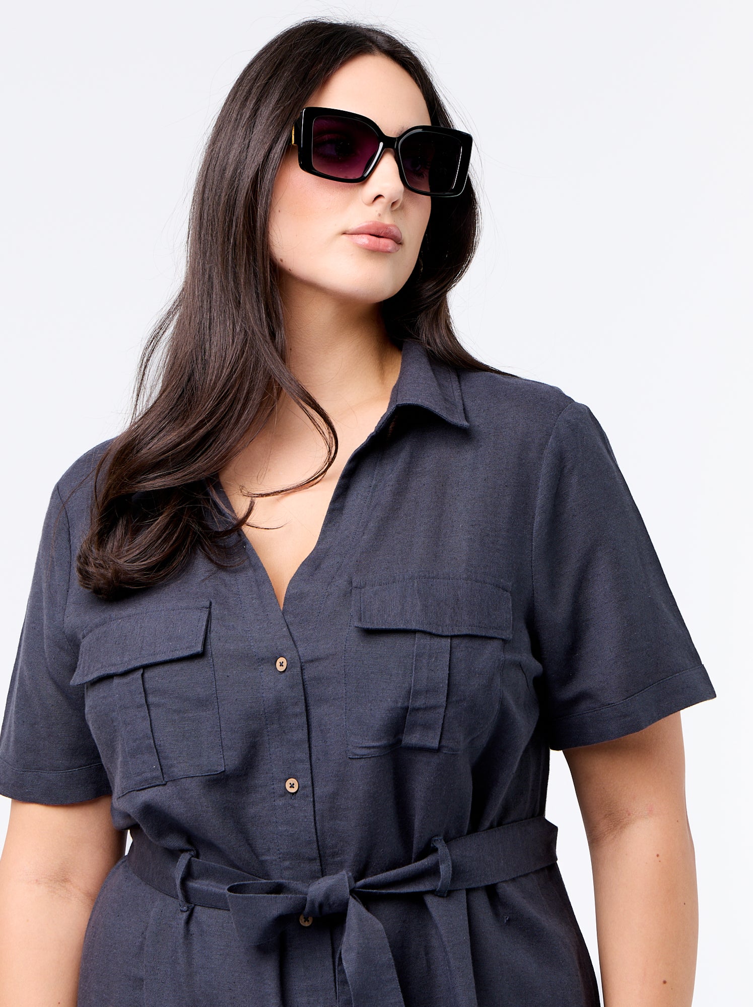Robe chemise longue avec ceinture à nouer - Bleu