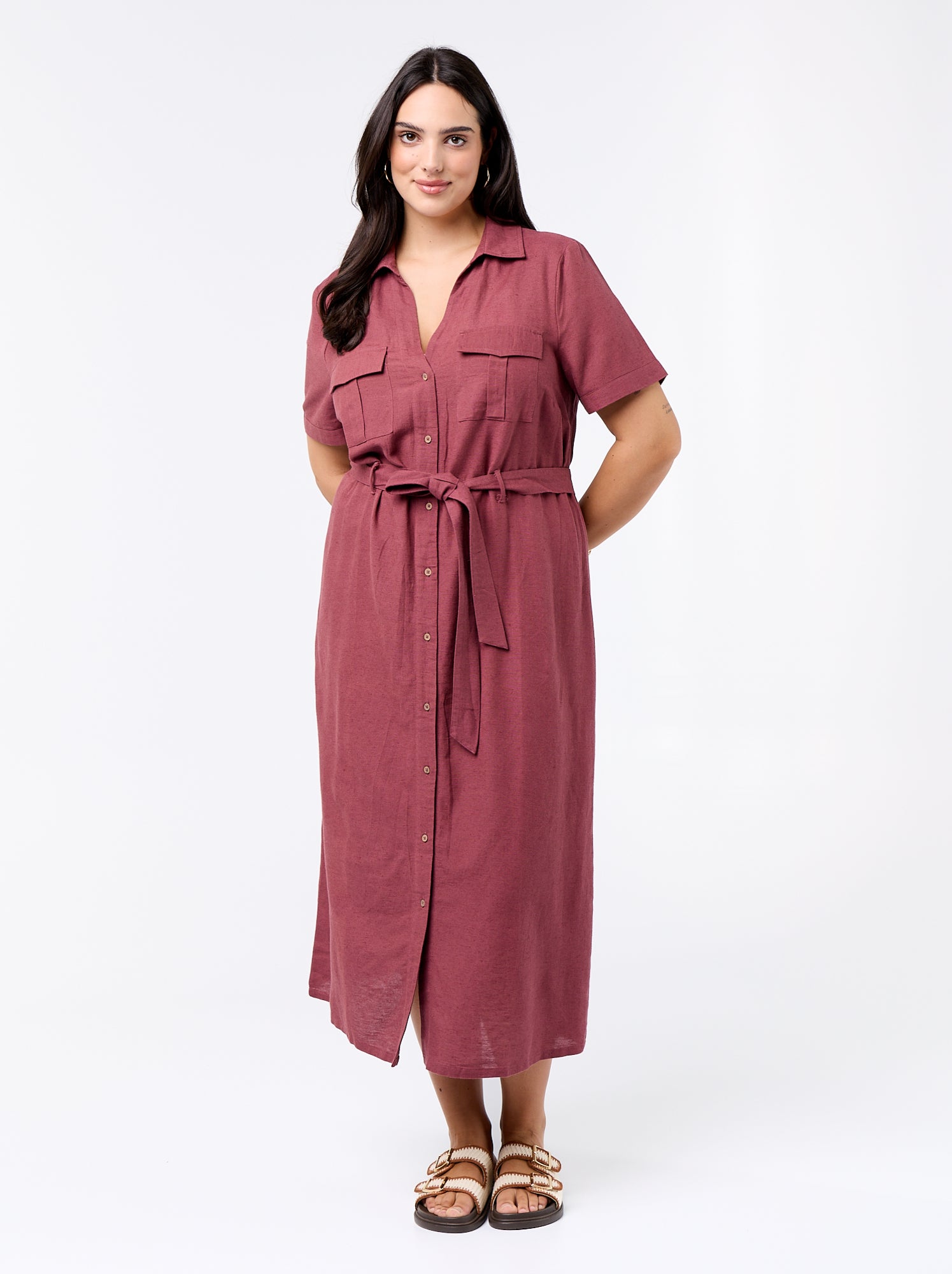 Robe chemise longue avec ceinture à nouer - Rose