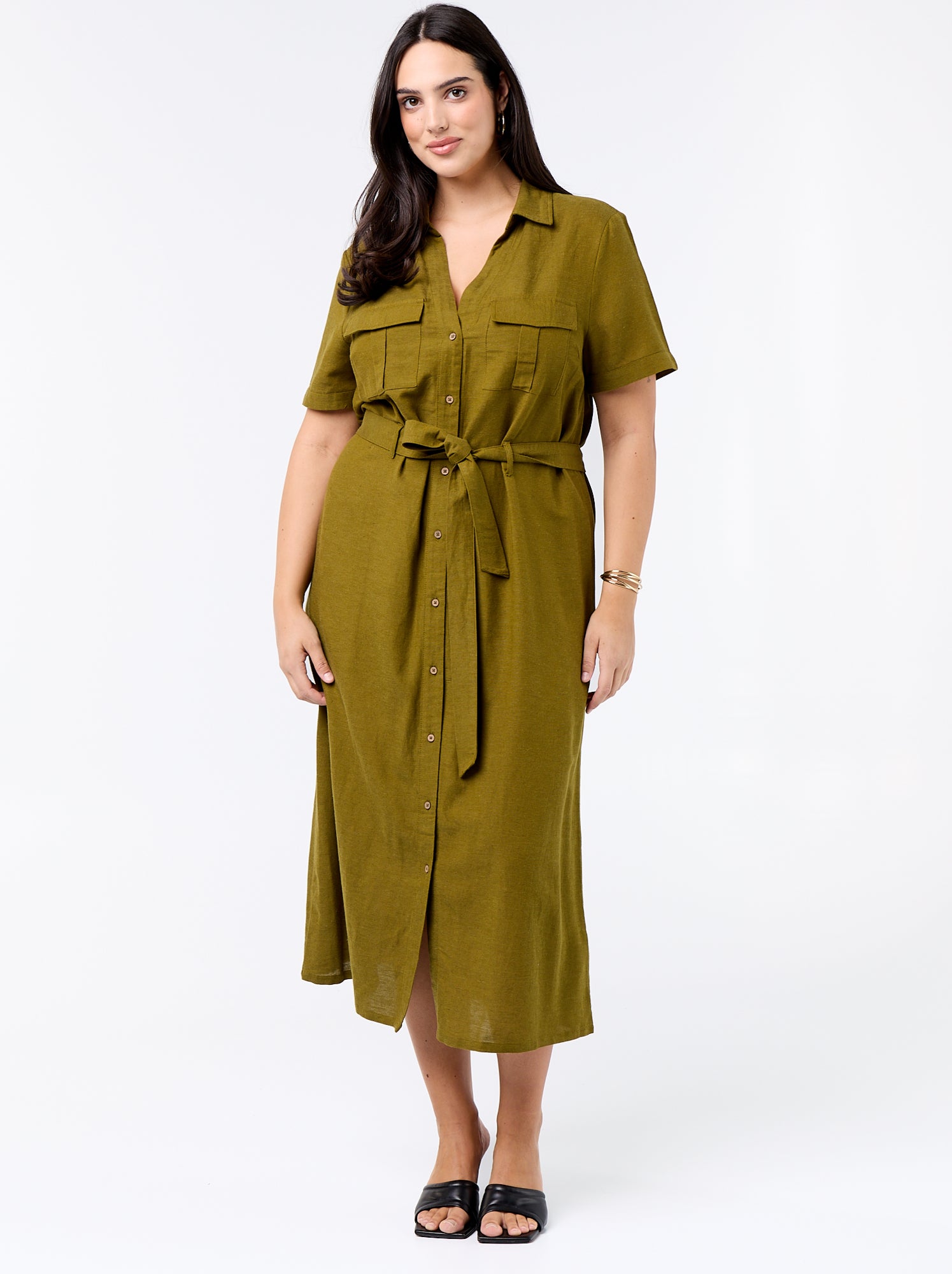 Robe chemise longue avec ceinture à nouer - Vert