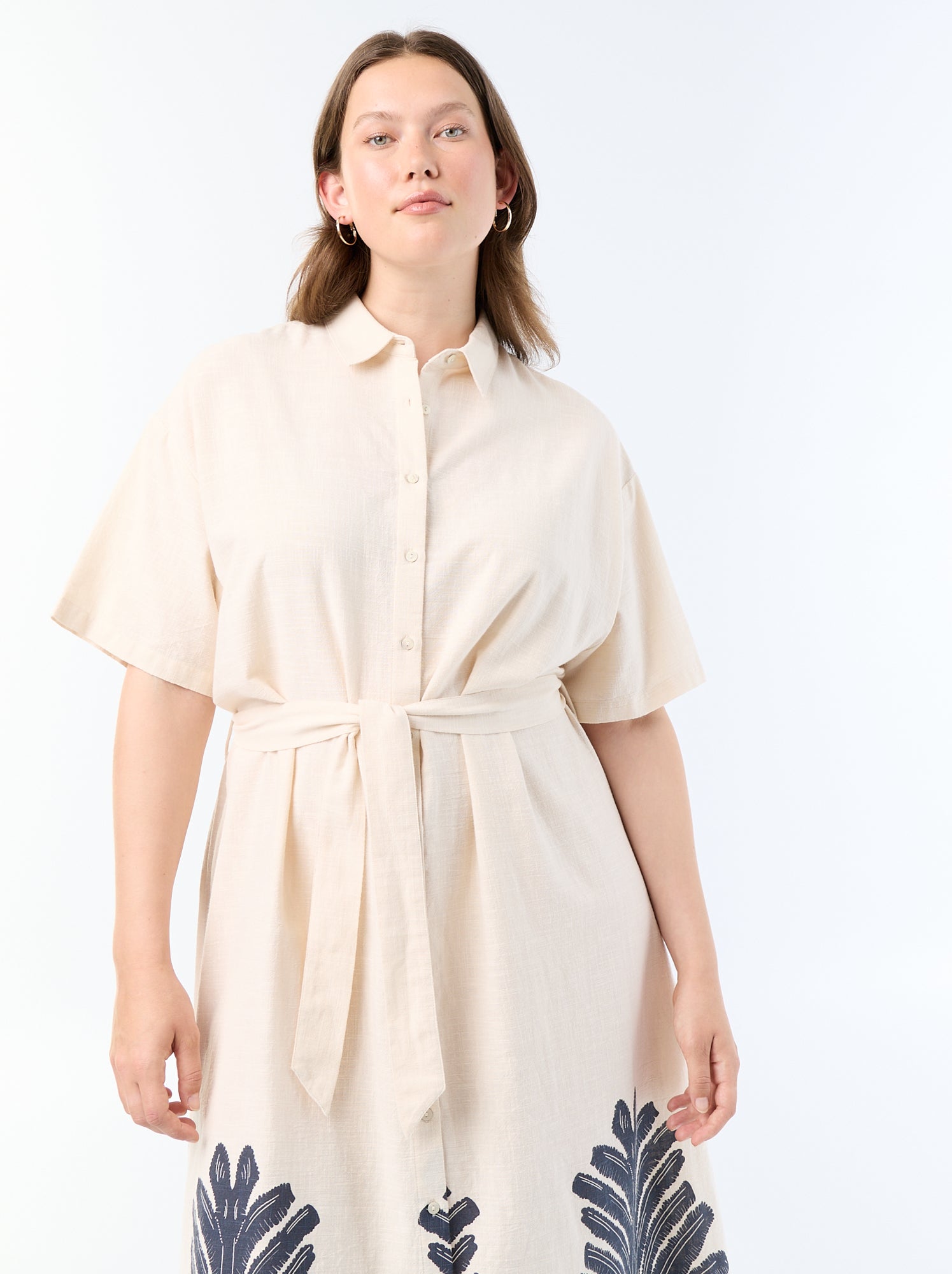 Robe chemise longue manches courtes - Beige