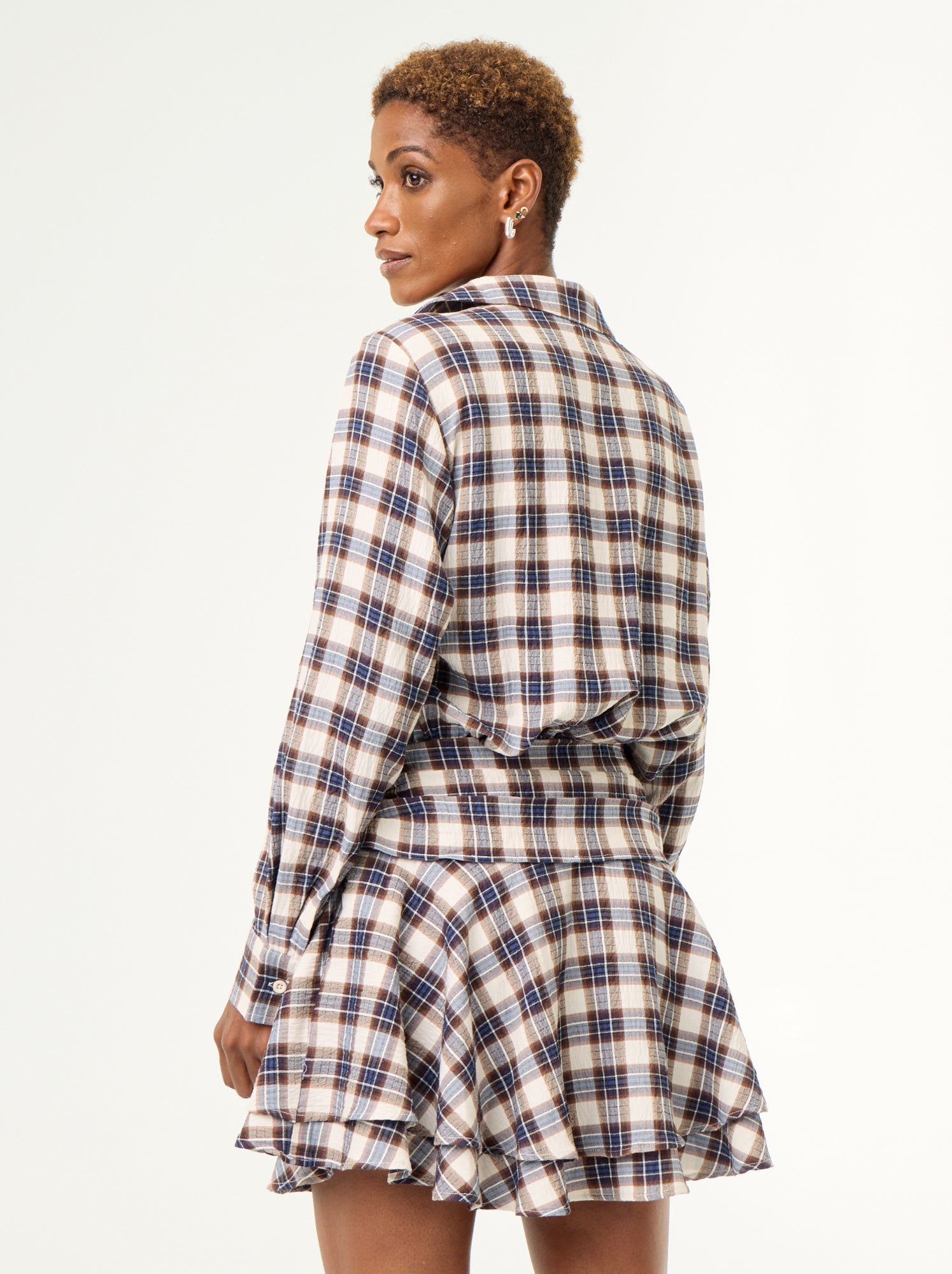 Robe courte à carreaux avec col chemise - Beige
