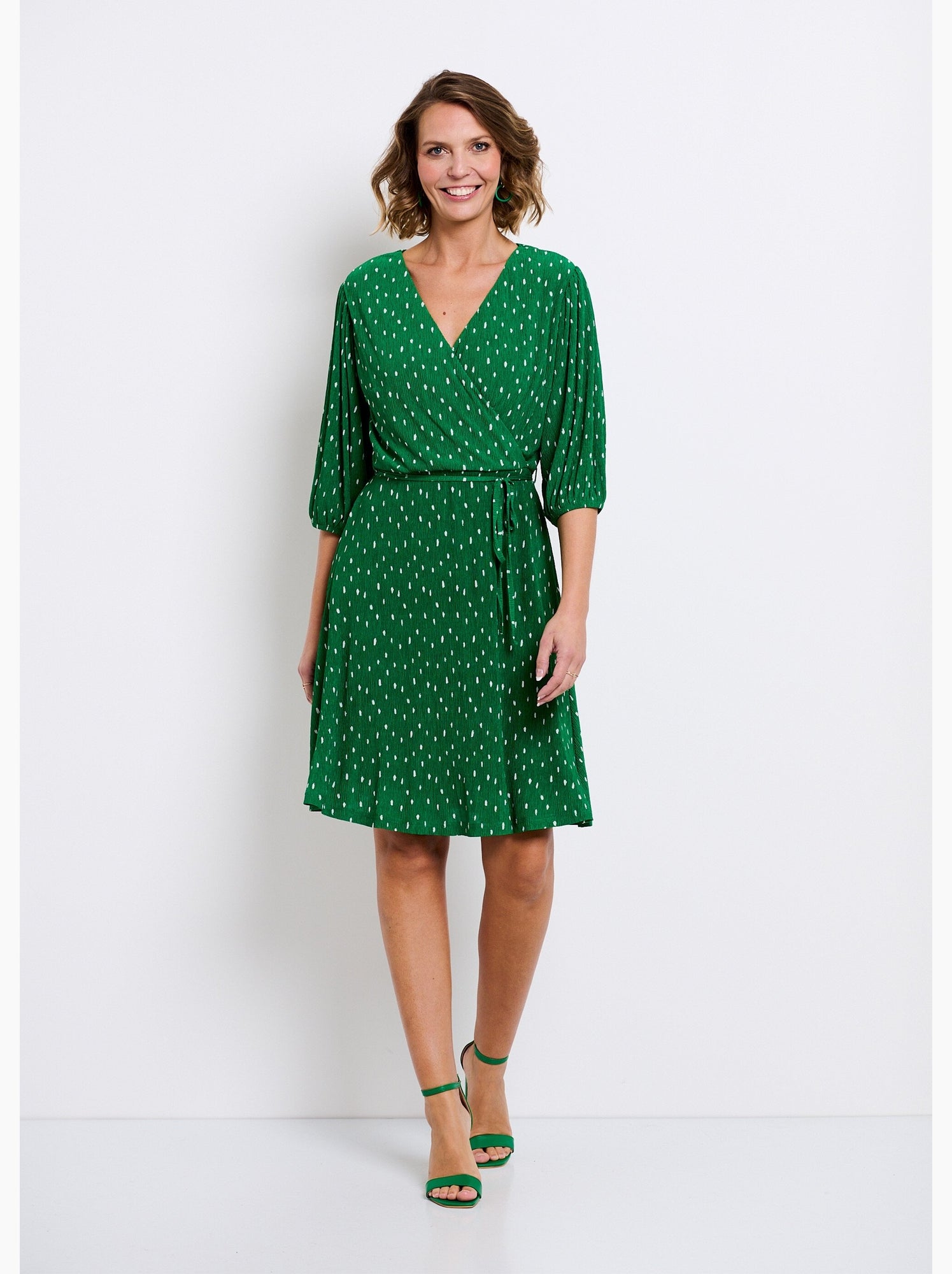 Robe courte cache-coeur imprimé pois - afibel - Blanc Vert