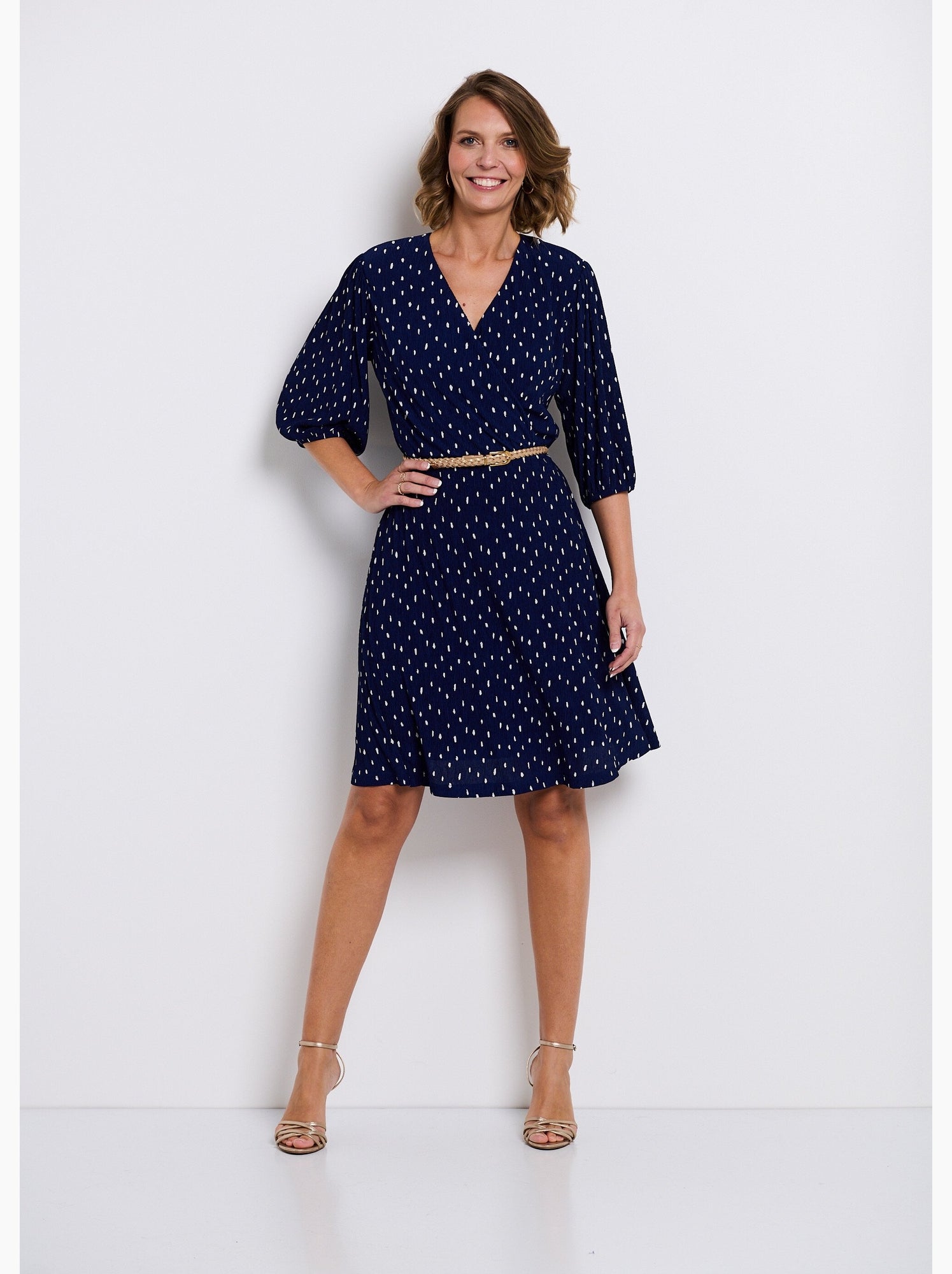 Robe courte cache-coeur imprimé pois - afibel - Marine/Blanc