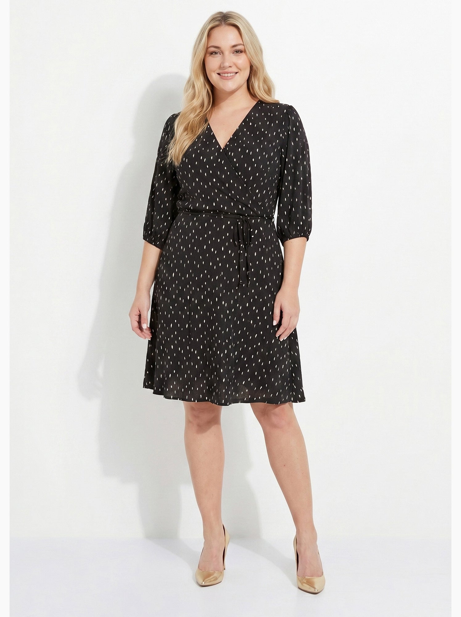 Robe courte cache-coeur imprimé pois - afibel - Noir Ecru