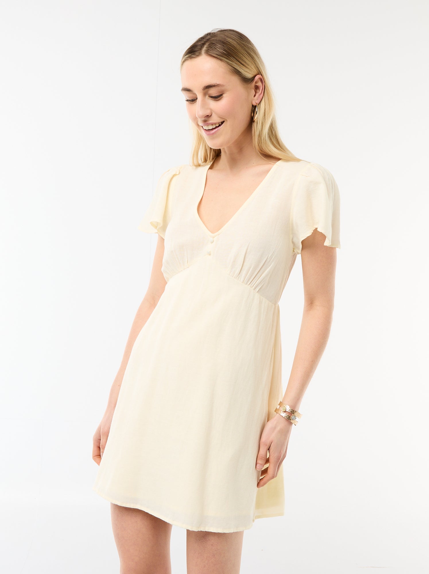 Robe courte manches papillons en coton et lin - Jaune