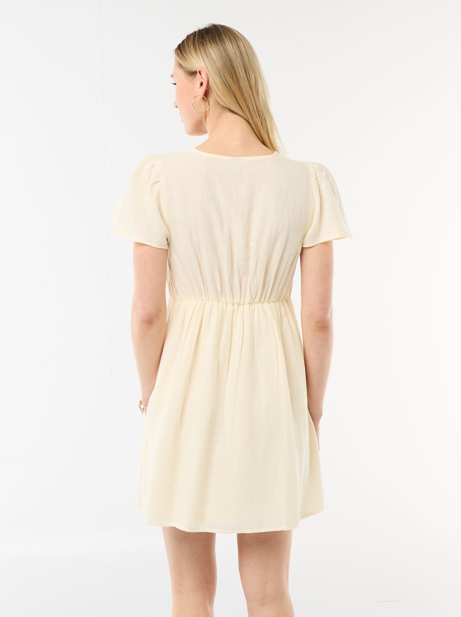 Robe courte manches papillons en coton et lin - Jaune