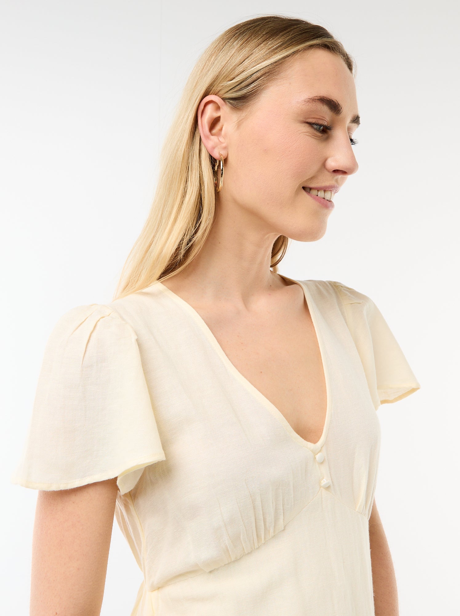Robe courte manches papillons en coton et lin - Jaune