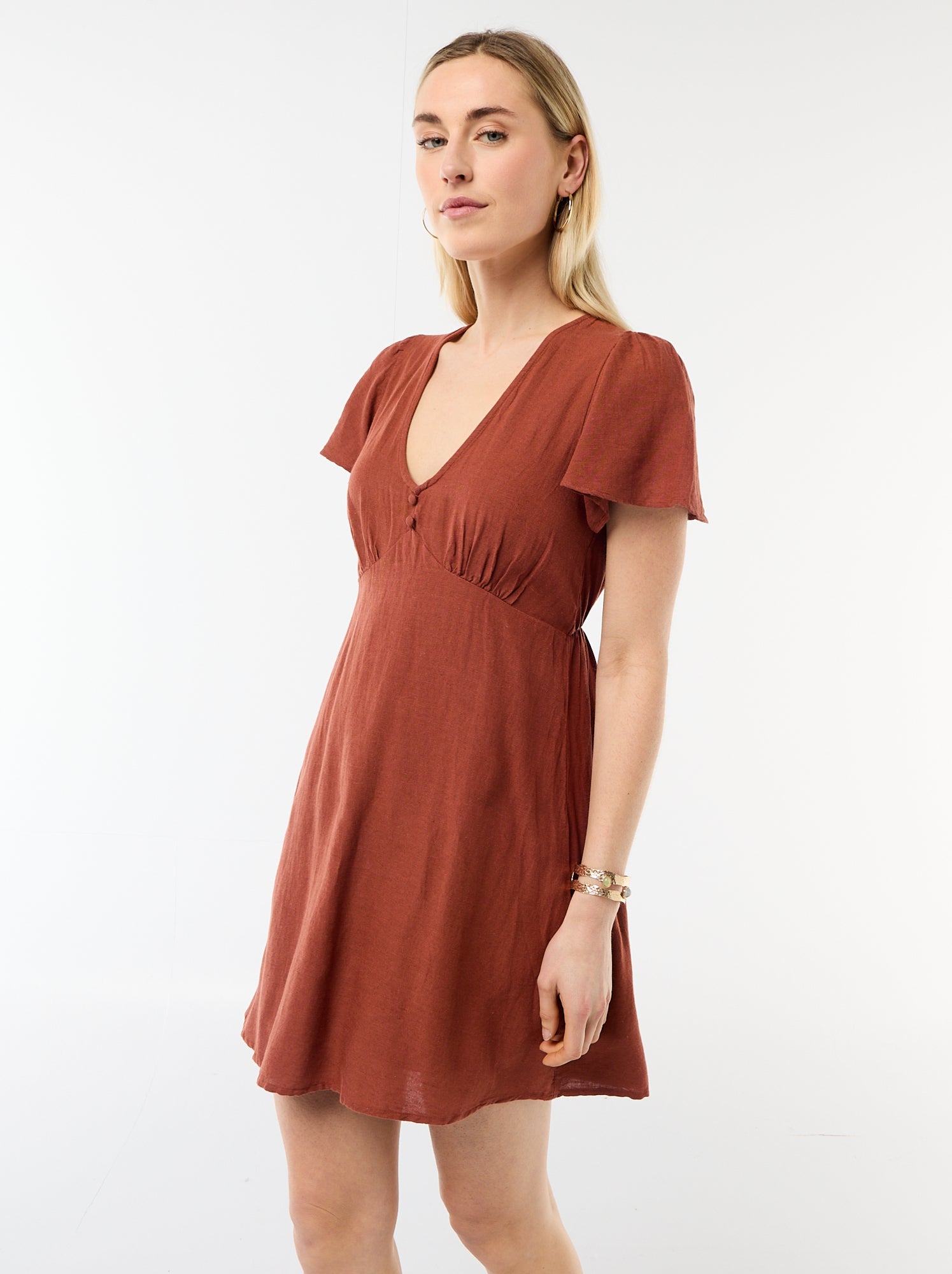 Robe courte manches papillons en coton et lin - Marron (FGG39_2)