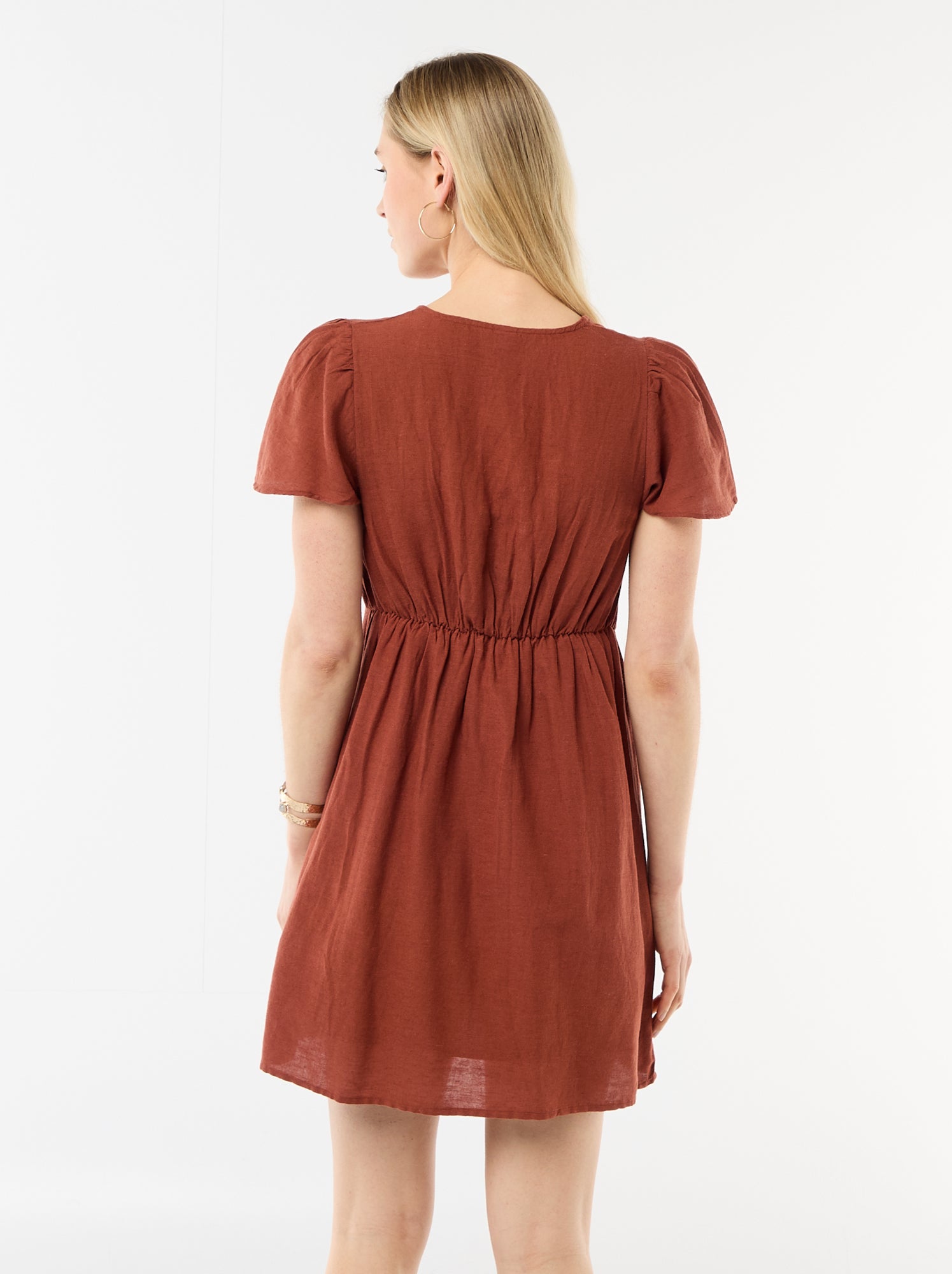 Robe courte manches papillons en coton et lin - Marron (FGG39_2)