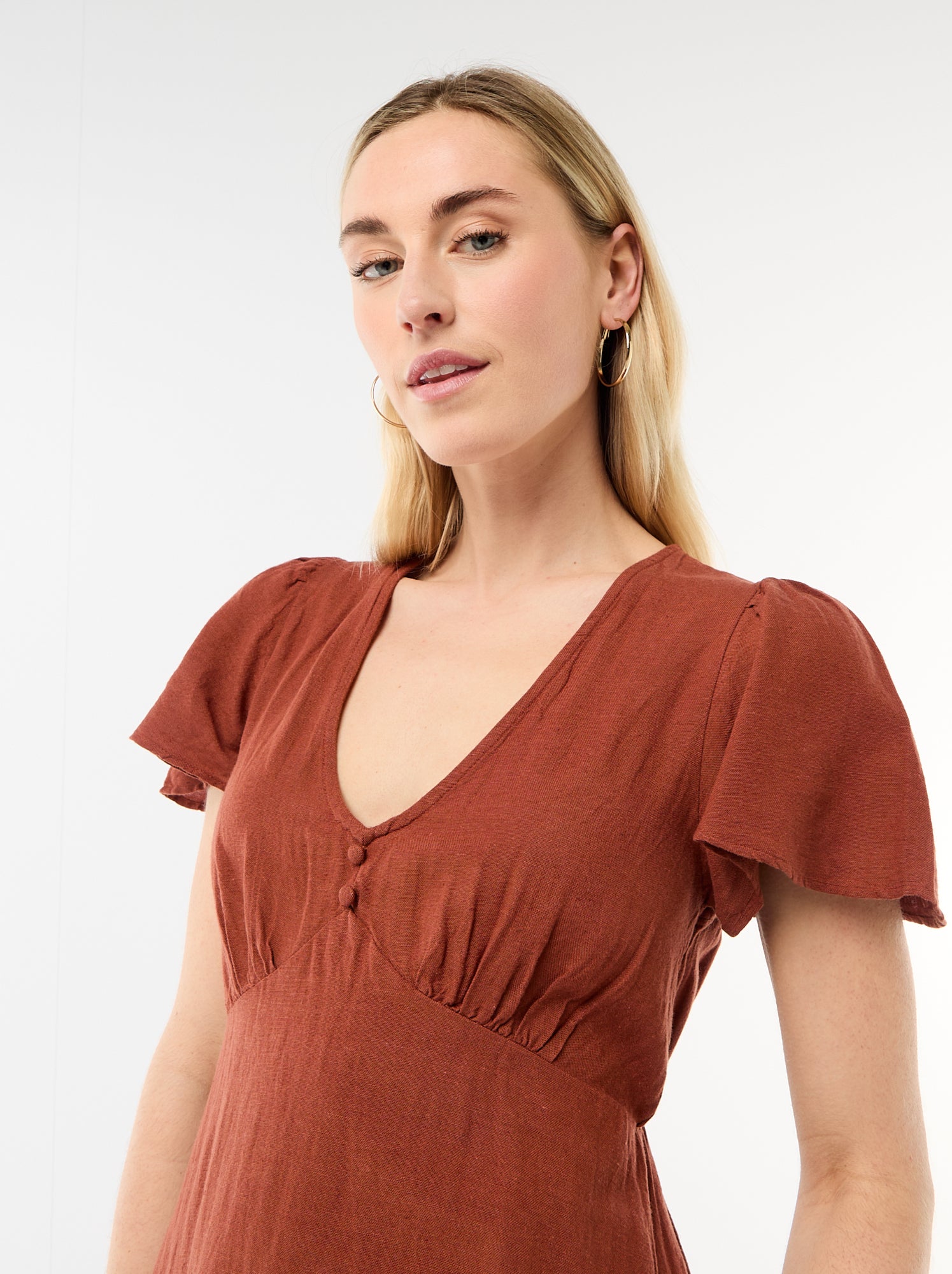 Robe courte manches papillons en coton et lin - Marron (FGG39_2)