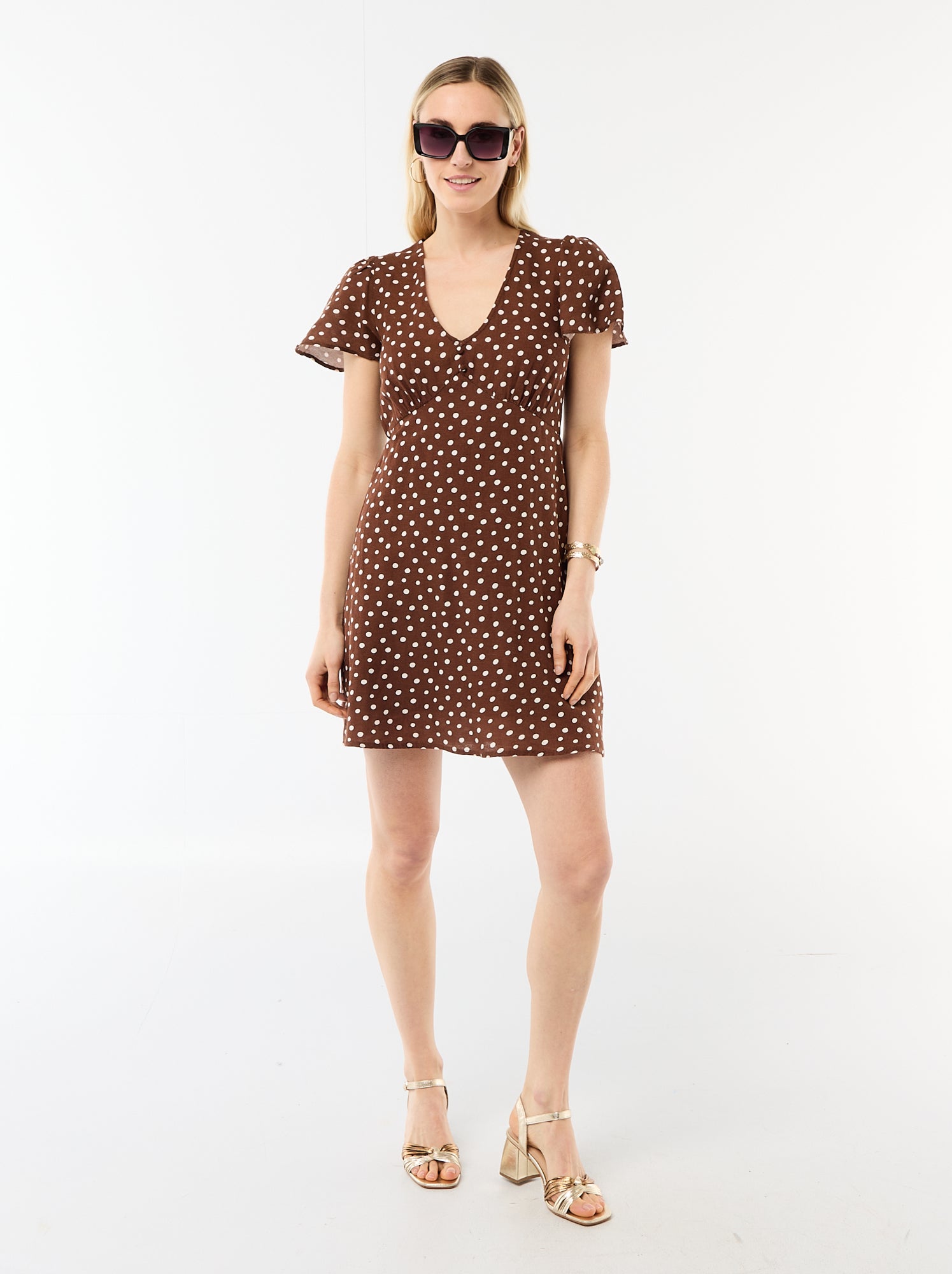 Robe courte manches papillons en coton et lin - Marron (FGG39_5)