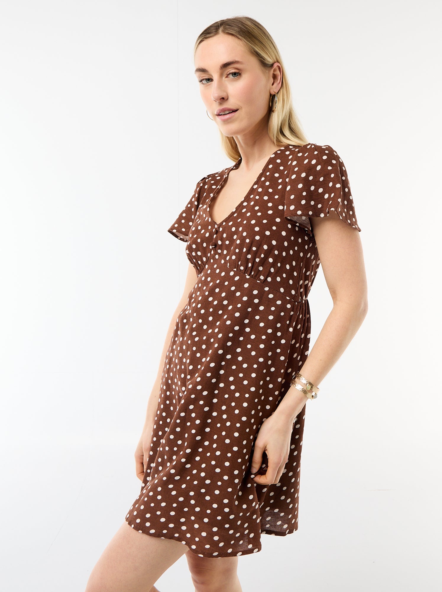 Robe courte manches papillons en coton et lin - Marron (FGG39_5)