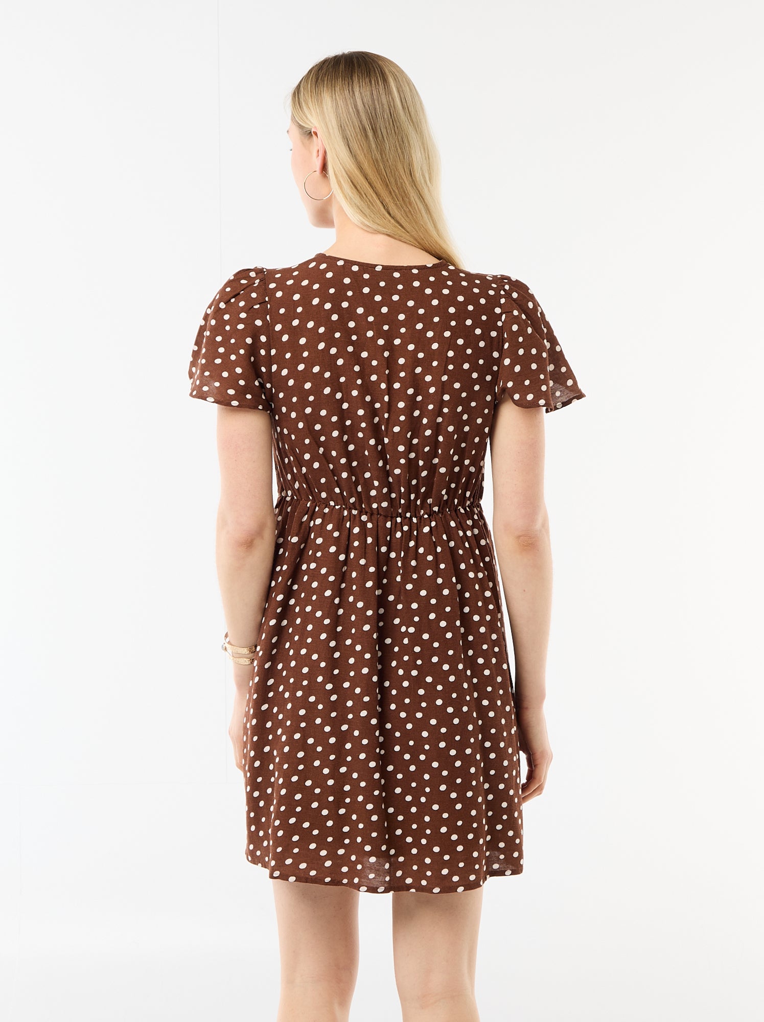 Robe courte manches papillons en coton et lin - Marron (FGG39_5)