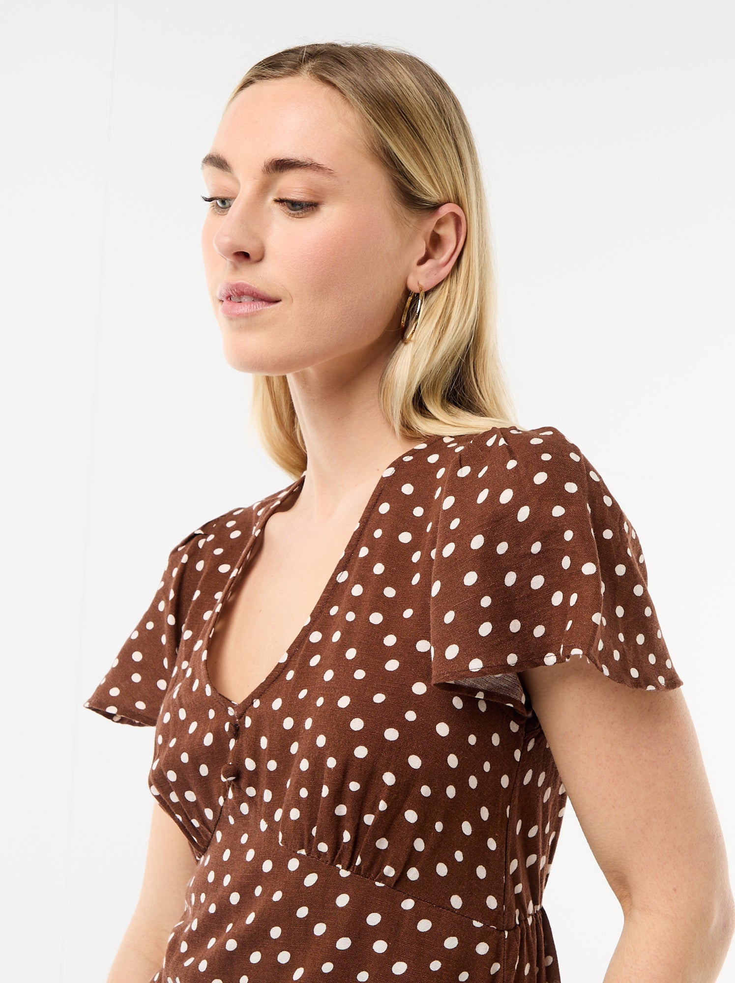Robe courte manches papillons en coton et lin - Marron (FGG39_5)