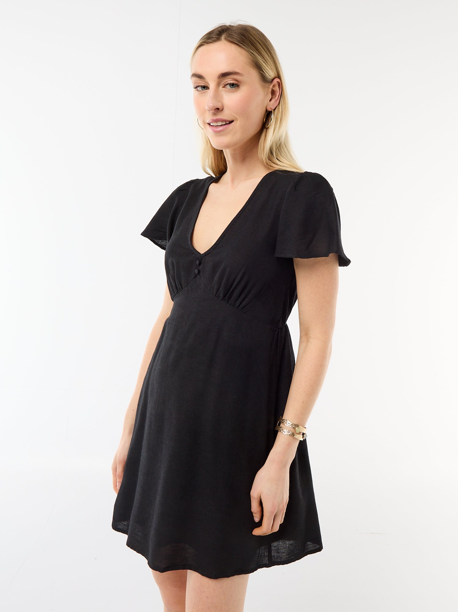 Robe courte manches papillons en coton et lin - Noir