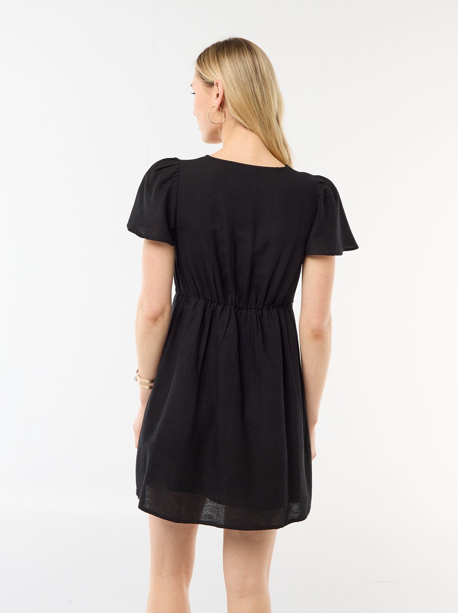 Robe courte manches papillons en coton et lin - Noir