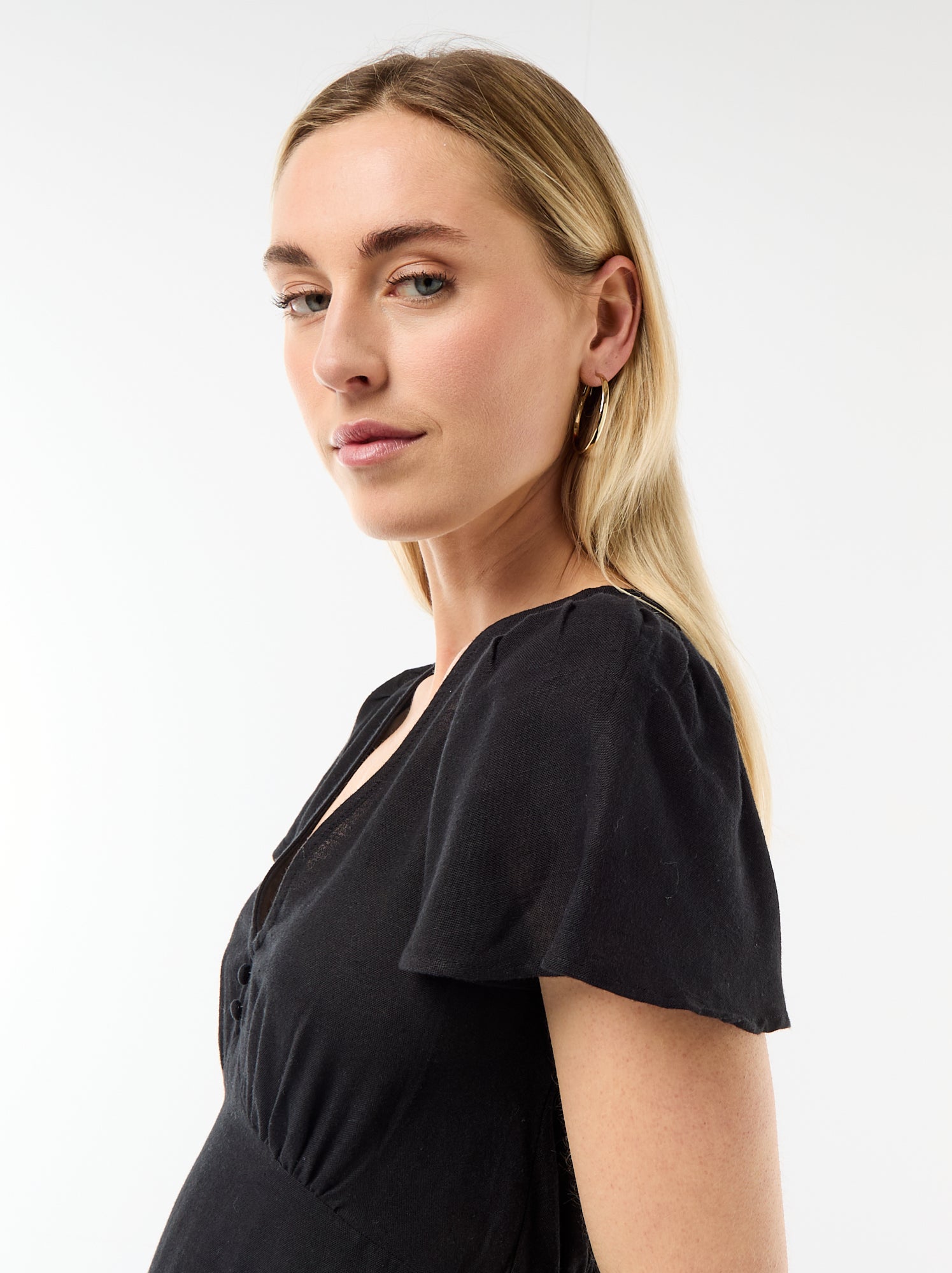 Robe courte manches papillons en coton et lin - Noir