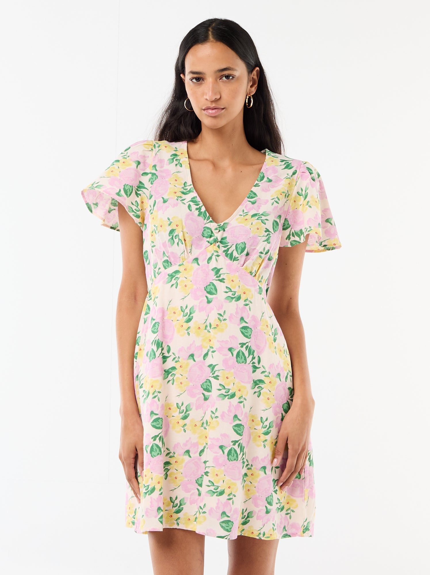 Robe courte manches papillons en coton et lin - Rose