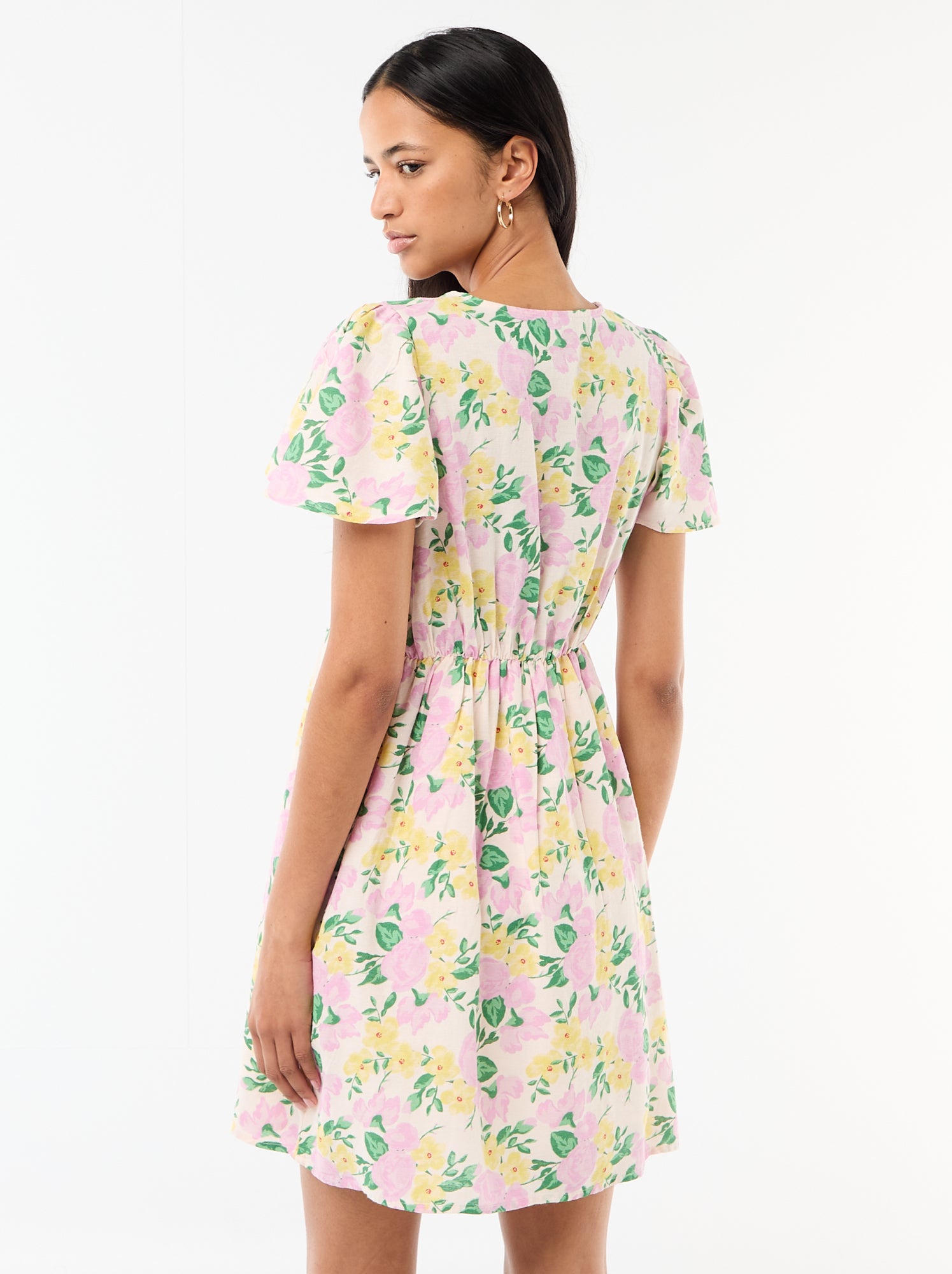 Robe courte manches papillons en coton et lin - Rose