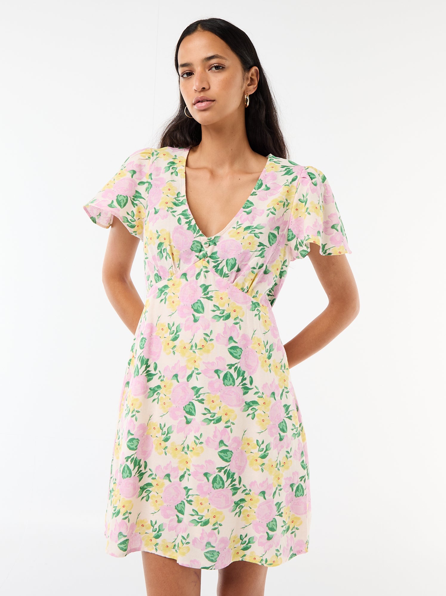 Robe courte manches papillons en coton et lin - Rose