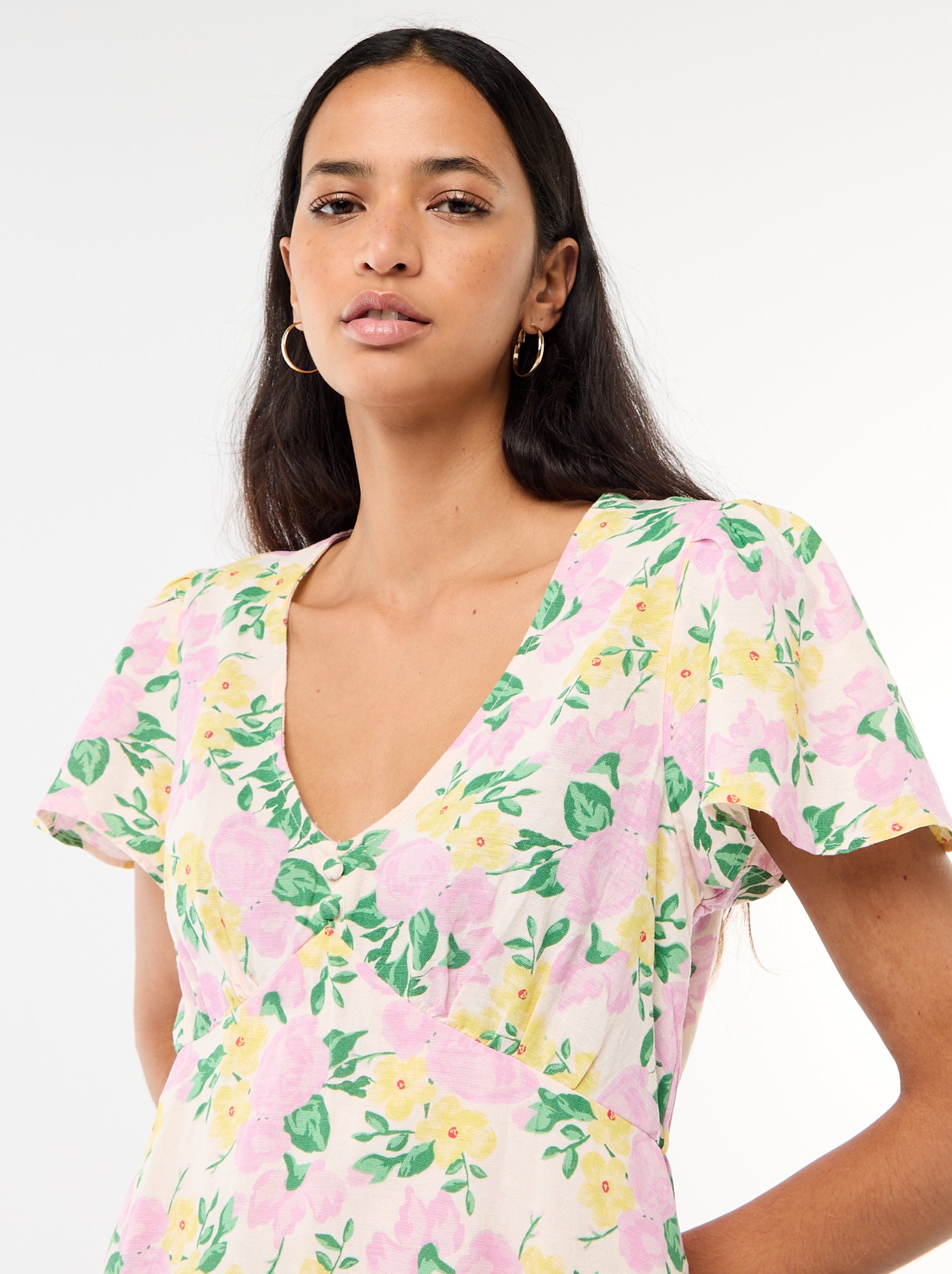 Robe courte manches papillons en coton et lin - Rose