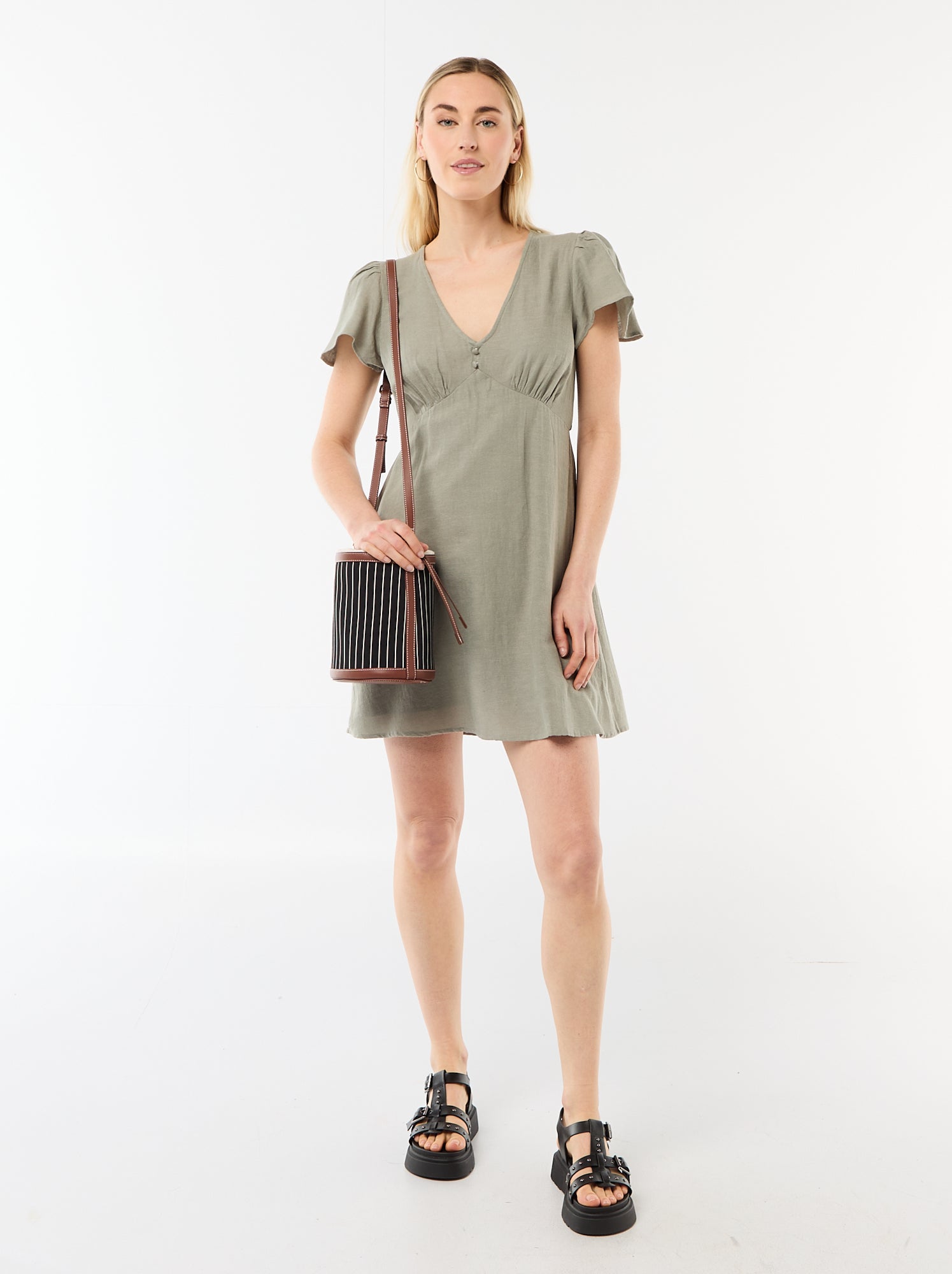 Robe courte manches papillons en coton et lin - Vert