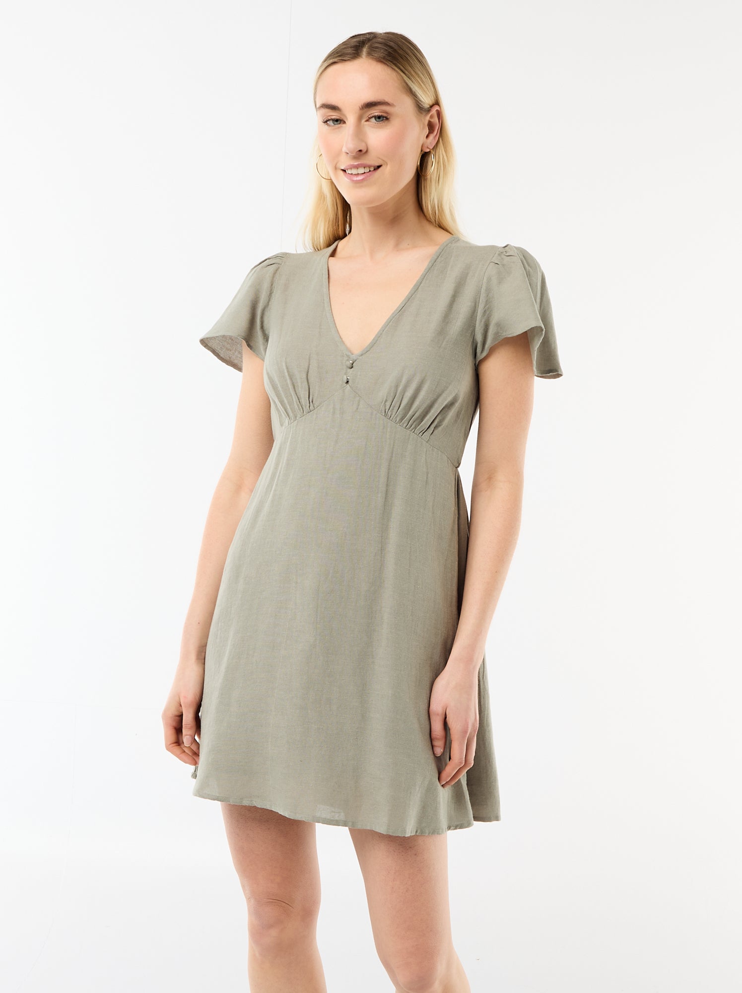 Robe courte manches papillons en coton et lin - Vert